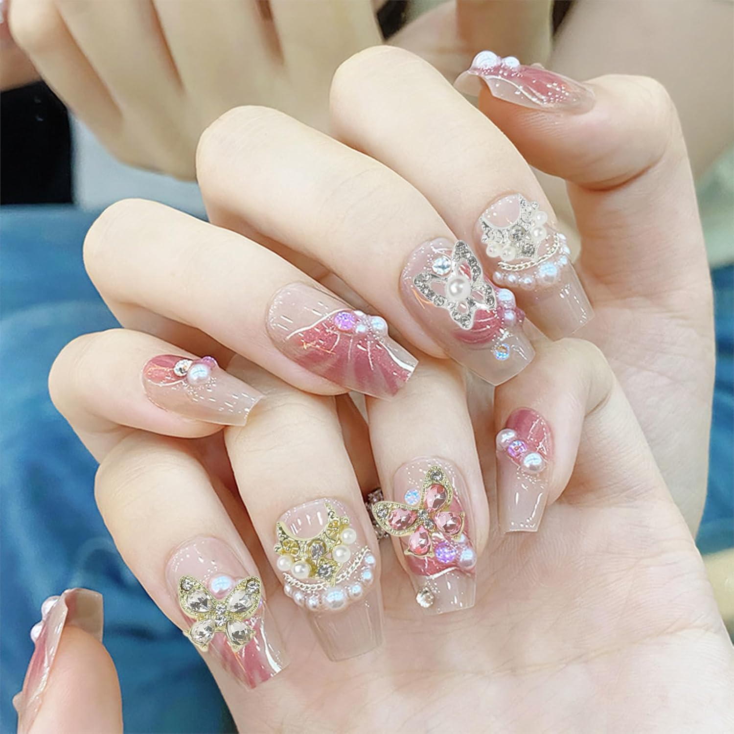 24 dijes de uñas de mariposa con diamantes de imitación de perlas y piedras preciosas de aleación de mariposa para arte de uñas, suministros de