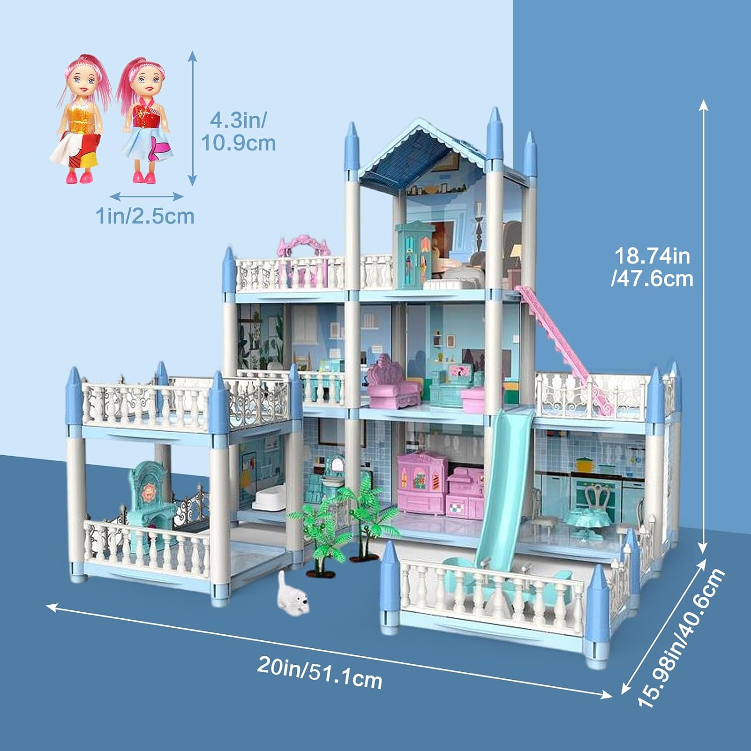 NoTagCat Casa de muñecas para niños, casa de muñecas para niñas, casa de ensueño de princesa con 2 muñecas y accesorios de muebles, regalos de casa