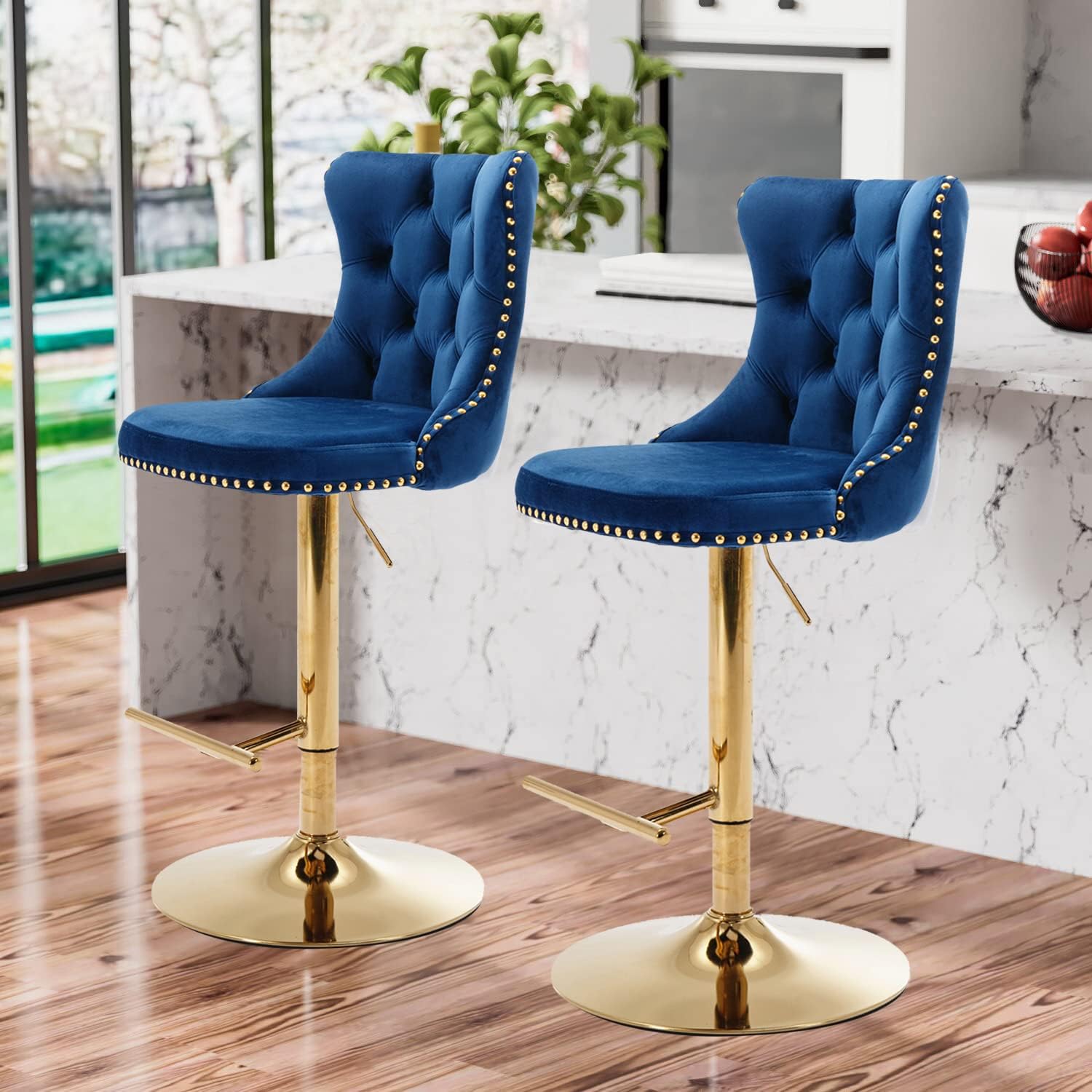 Aoowow Juego de 2 taburetes de bar giratorios, taburetes de bar ajustables con respaldo de terciopelo copetudo, sillas de bar modernas tapizadas con