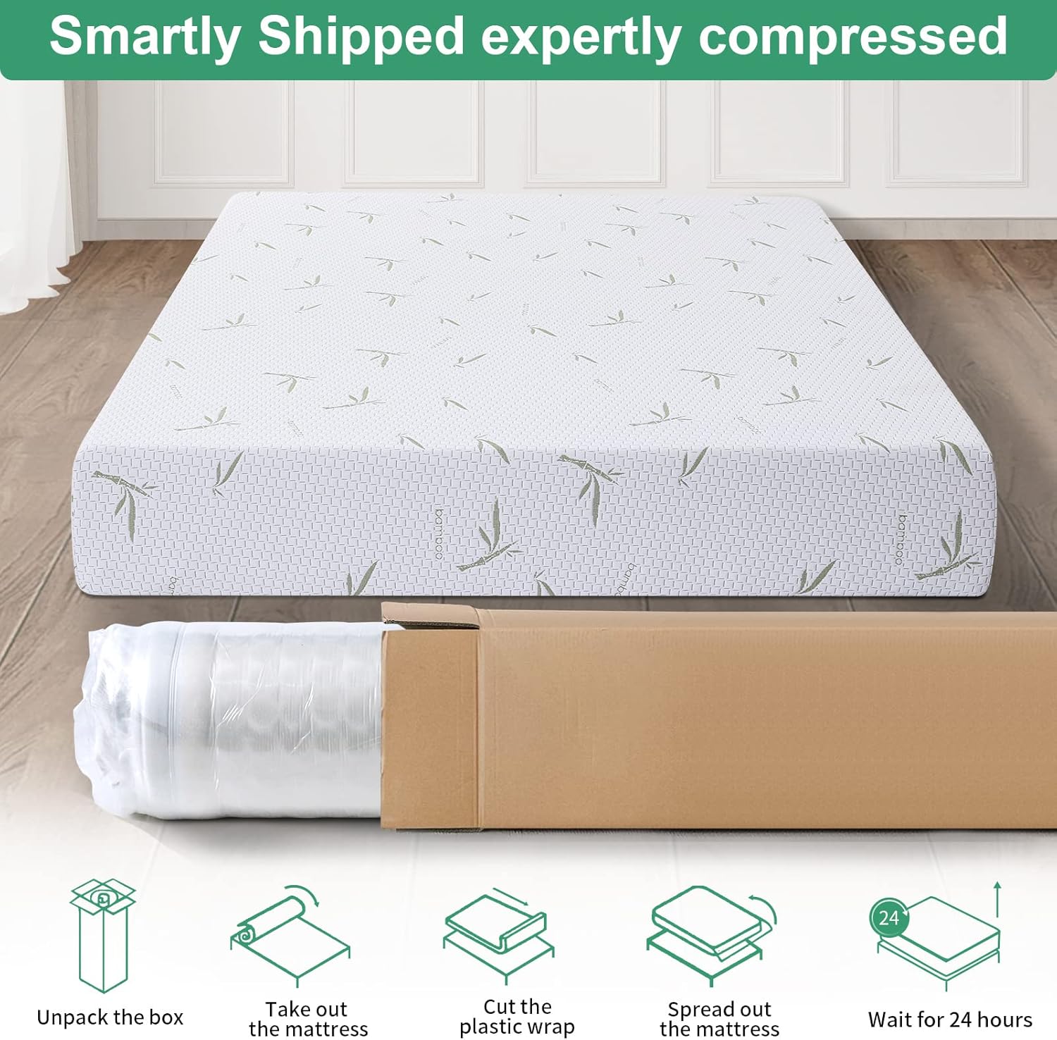 MUUEGM Colchón individual XL de 10 pulgadas, colchón de espuma viscoelástica de gel de té verde refrescante con funda de bambú, colchón en una caja,