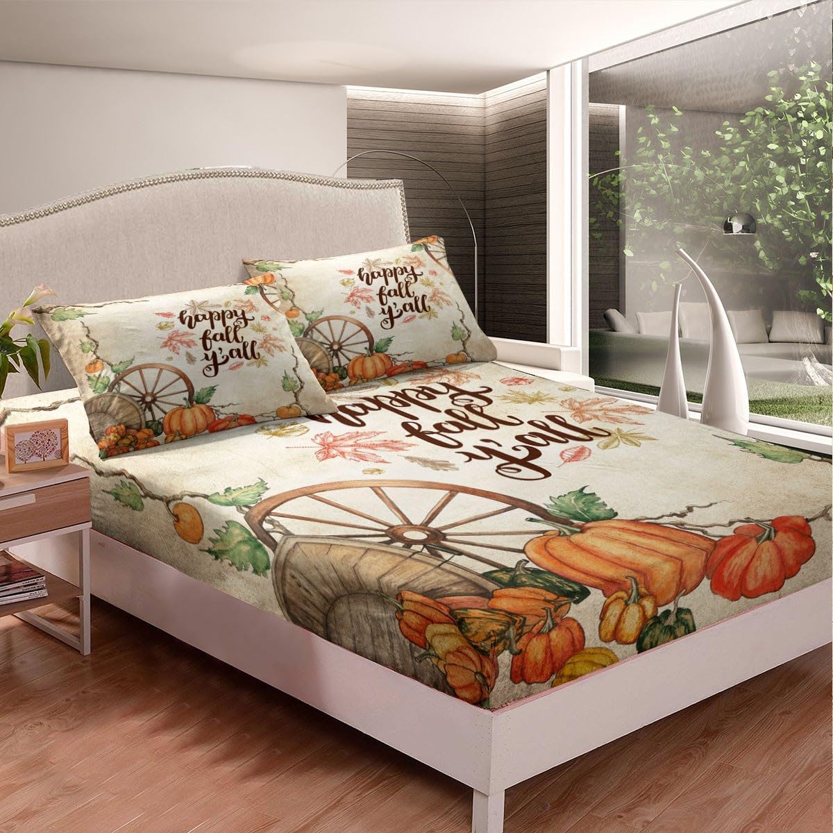 Fall Cabin – Sábana bajera ajustable para niños, tamaño individual, juego de ropa de cama retro con hojas de arce otoñal, decoración de dormitorio