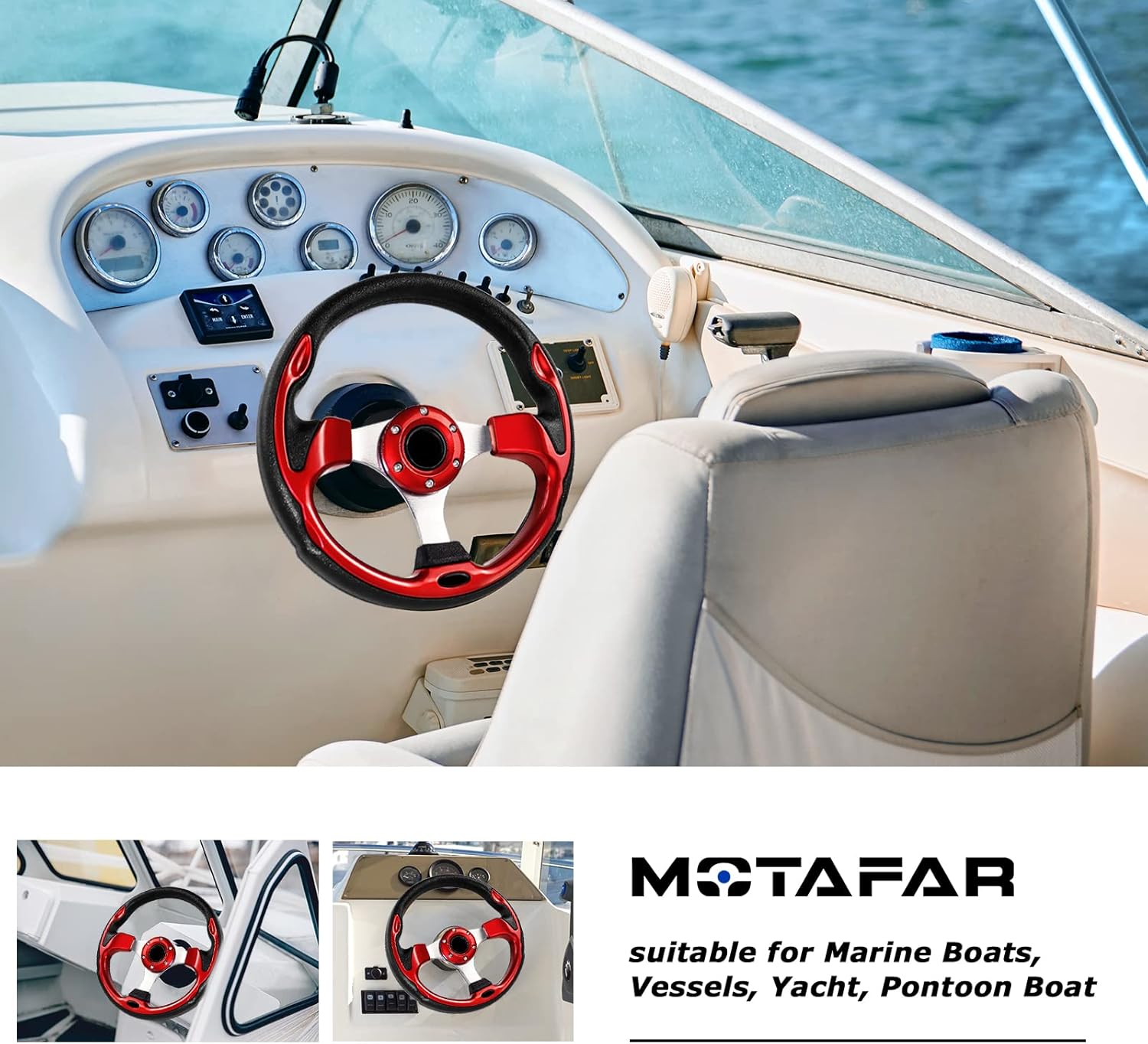 12.4″ Boat Steering Wheel with 34 Tapered Shaft, Anti-Slip PU Carbon Fiber Steering Wheel for Seastar and Verad, etc. for Marine Boats, Vessels,