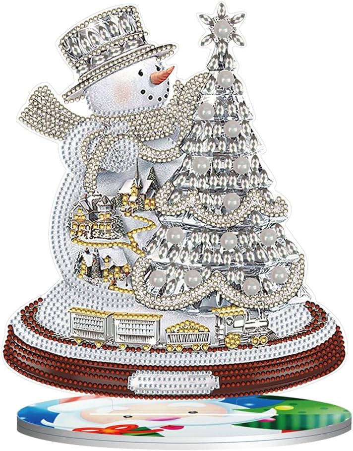 Orgone Kit de adornos de escritorio de pintura de diamante de muñeco de nieve 5D con forma especial, diamantes de imitación de madera, adorno de