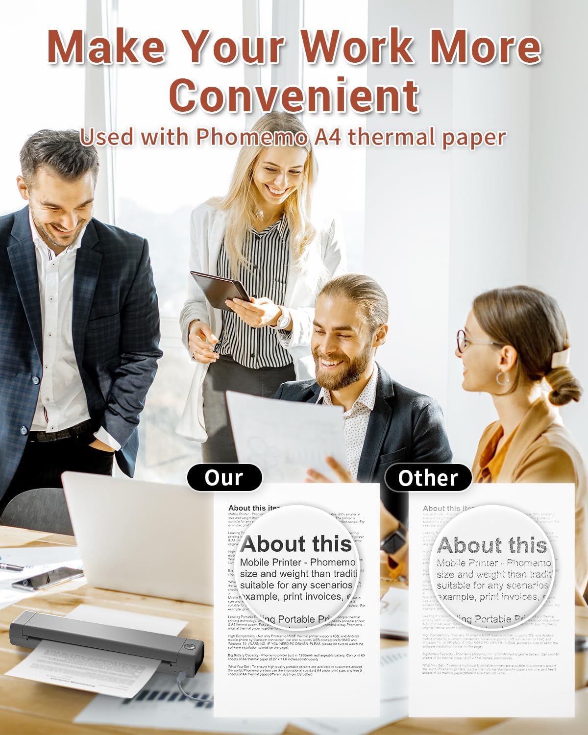 Phomemo M08F – Impresora portátil + papel térmico A4, 200 piezas, impresora Bluetooth inalámbrica para el hogar, negocios, M08F-A4, impresora