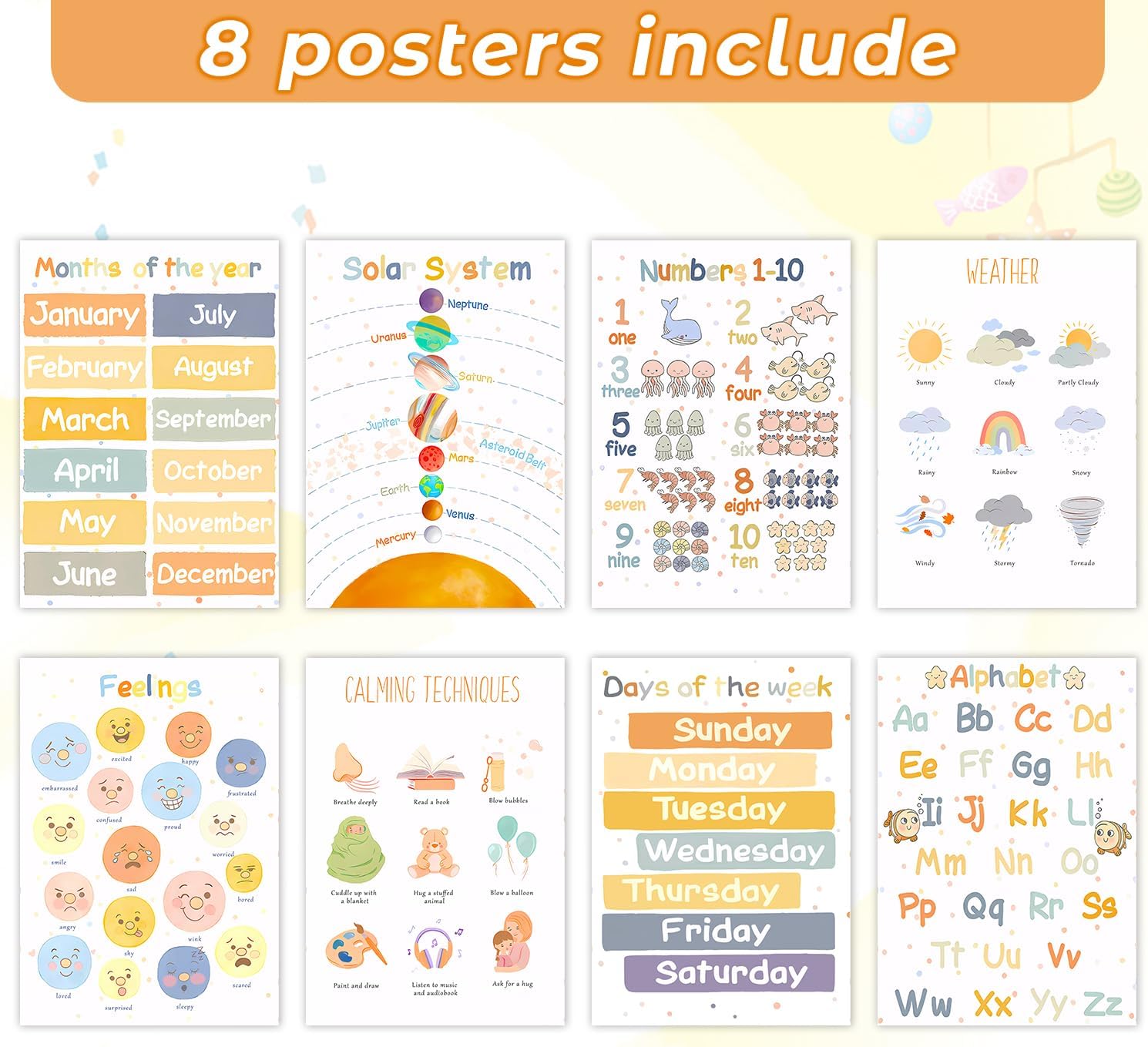 8 Boho Educational Posters for Toddlers, Pre K Learning Posters for Toddlers 3-5, Months of the Year, Numbers, Alphabet Posters Kindergarten