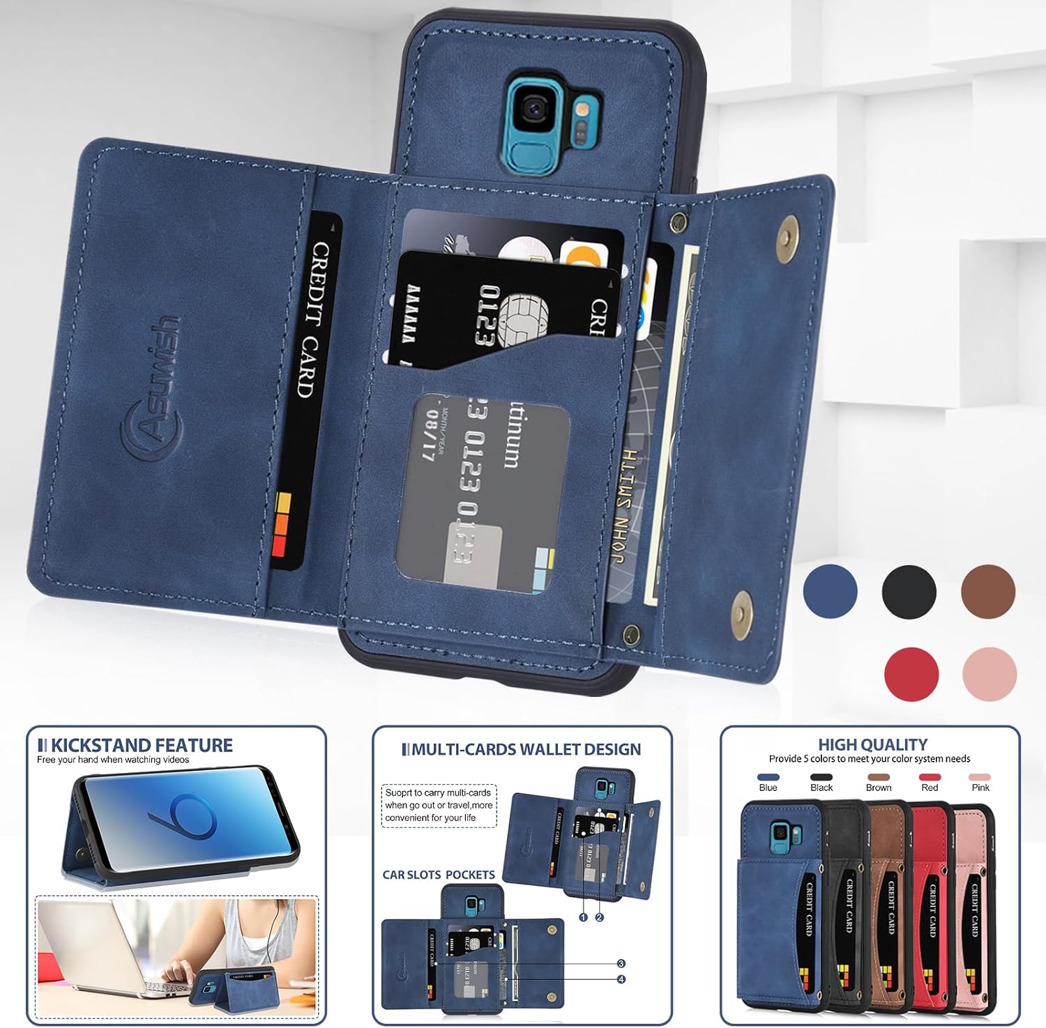 Asuwish Funda de teléfono para Samsung Galaxy S9 con protector de pantalla de vidrio templado y soporte de cuero sintético para tarjetas de crédito,