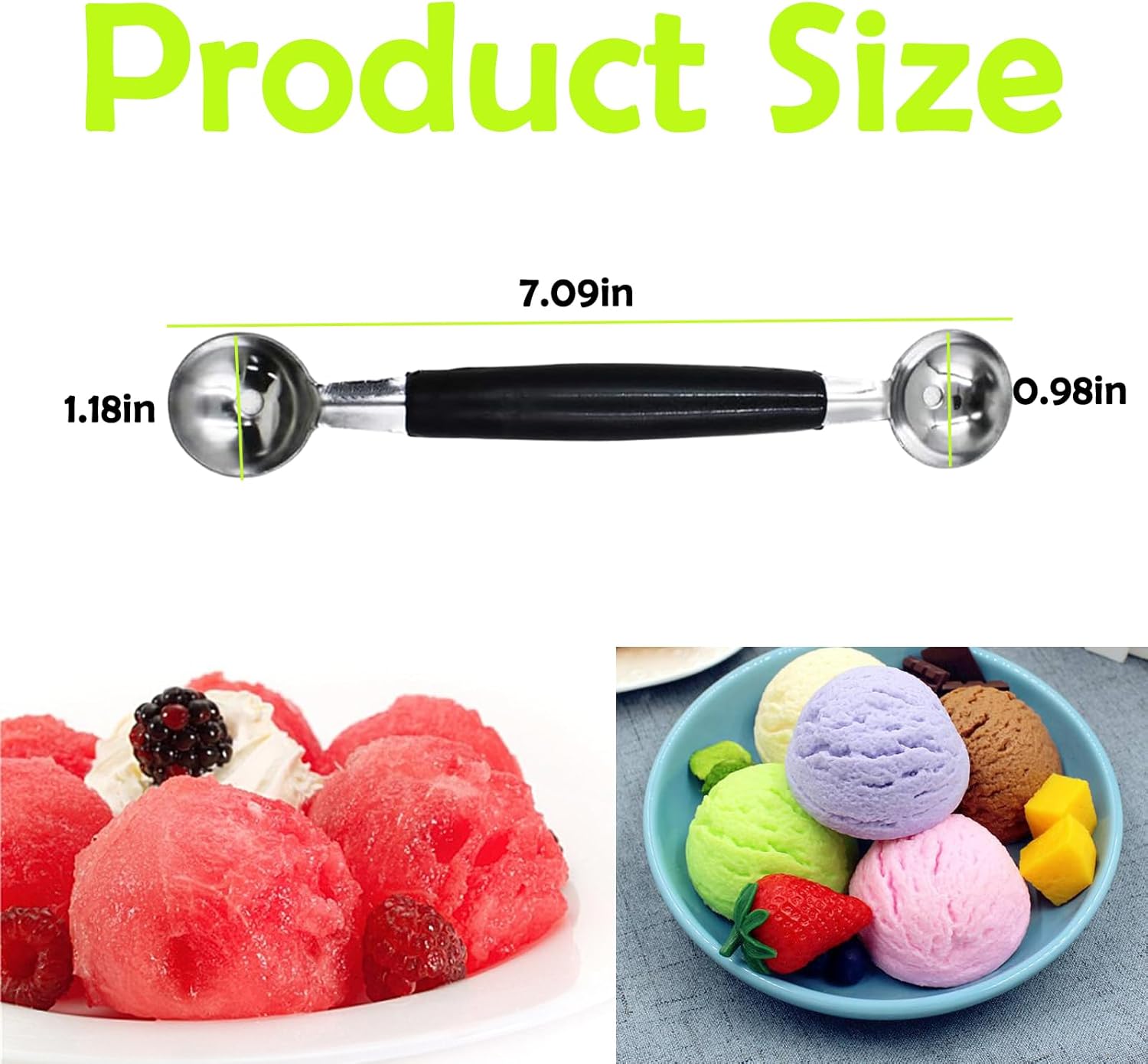 Paquete de 4 cucharas de bola de helado de fruta de doble extremo, bola de melón de acero inoxidable 430, bolas de melón redondas lisas para sandía,