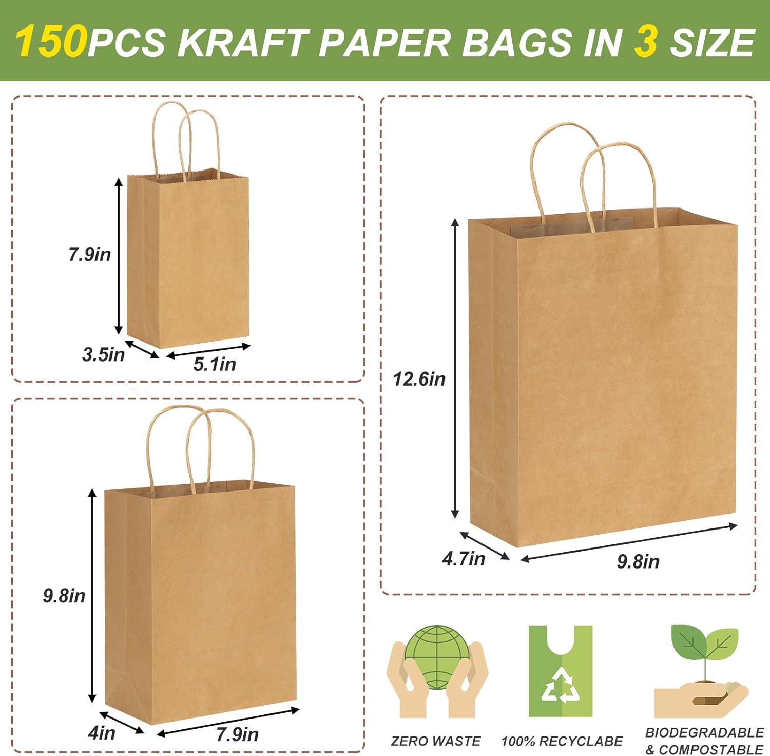 Moretoes 150 bolsas de papel con asas de varios tamaños, bolsas de regalo de papel kraft a granel, bolsas de papel marrón para pequeñas empresas,