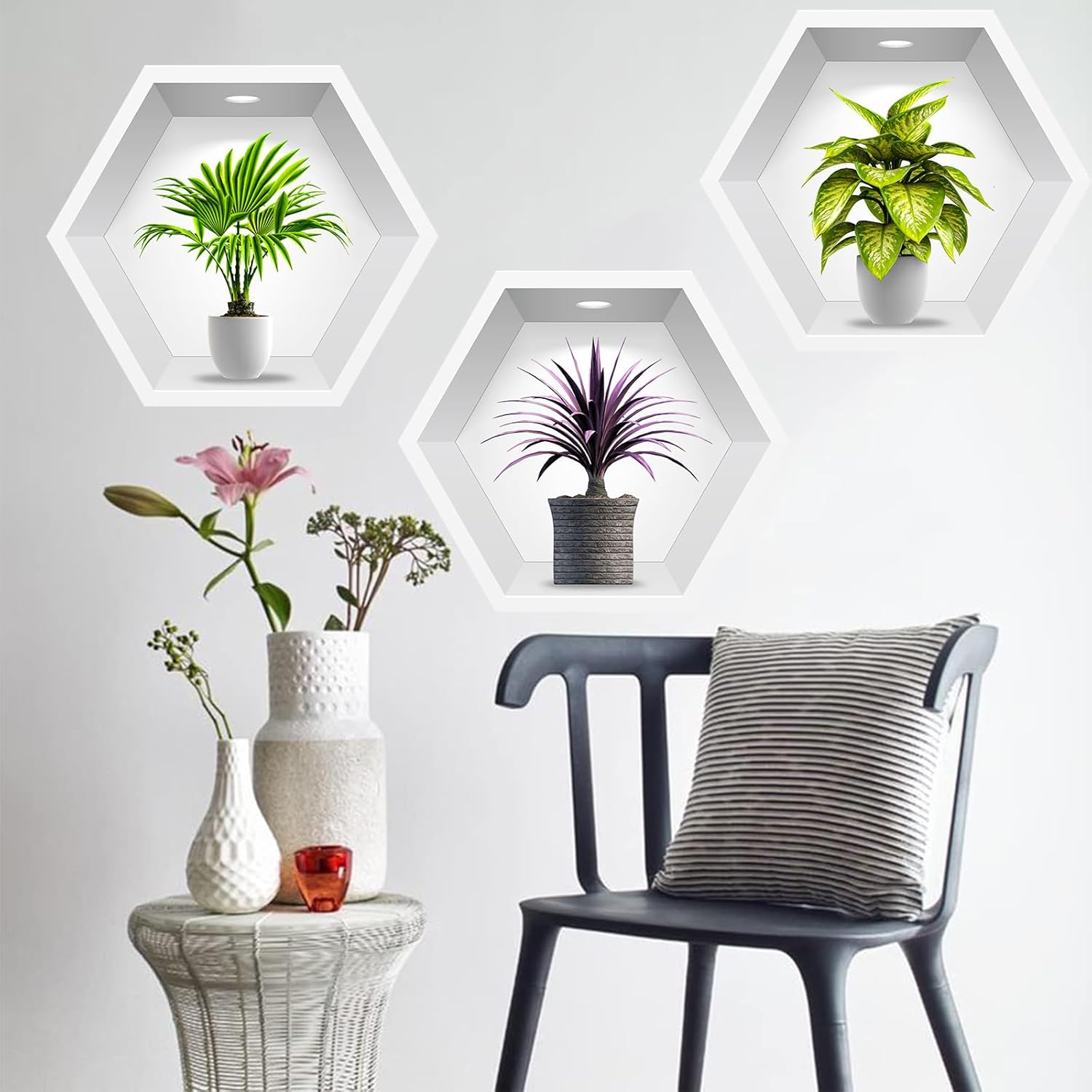 Calcomanías de pared 3D modernas de jarrón verde para pared, jarrones para sala de estar, comedor, decoración de dormitorio, arte de pared botánico