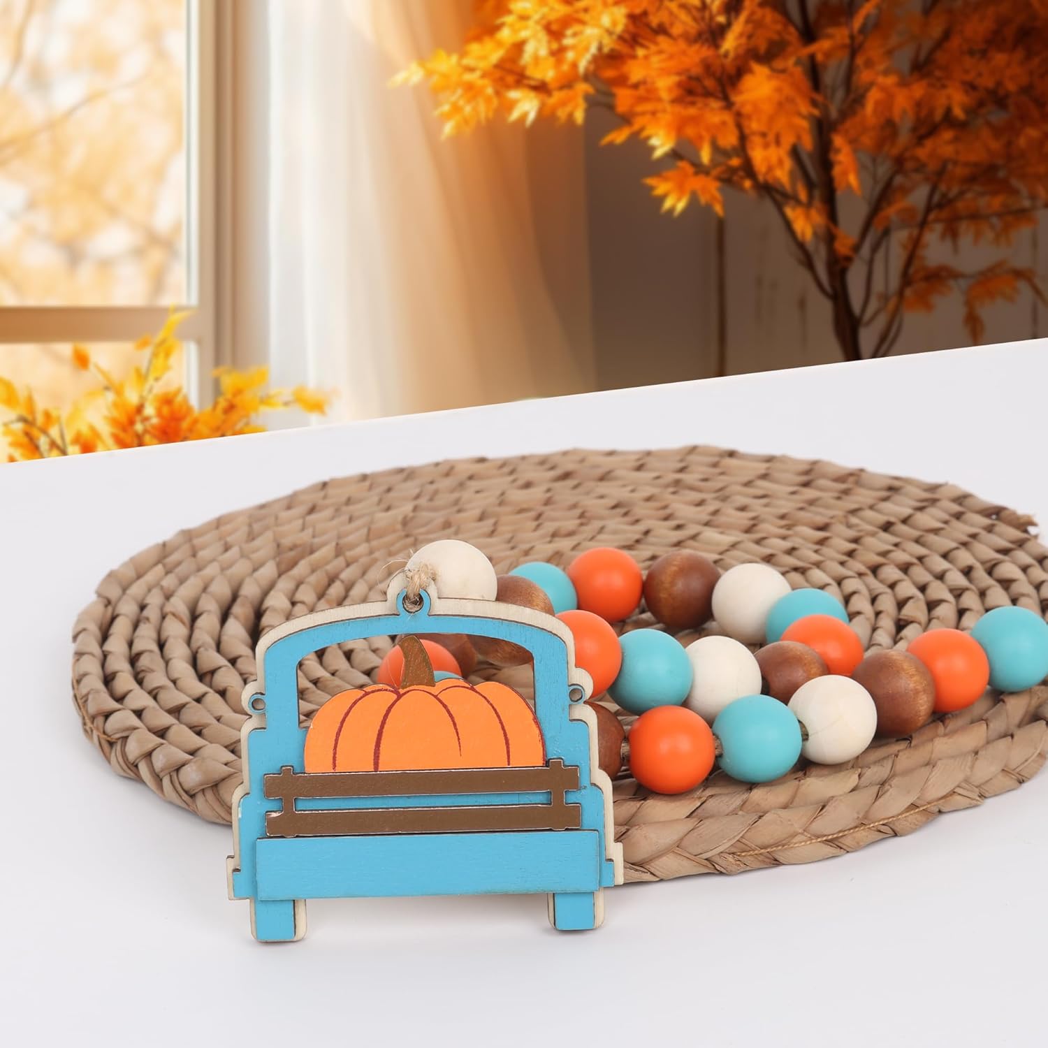 Guirnalda de cuentas de madera de otoño con borla y etiqueta de calabaza, decoración de bandeja escalonada de otoño, guirnalda de borlas de