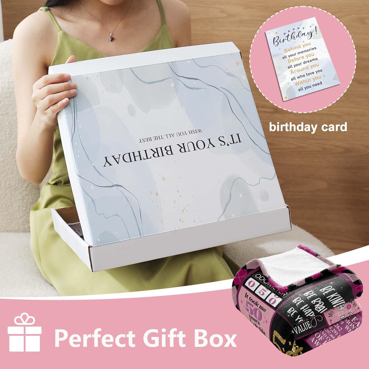 Regalos de cumpleaños número 50 para mujeres, manta de cumpleaños 50 con caja de regalo, decoraciones de cumpleaños 50 ideas de regalo para ella,