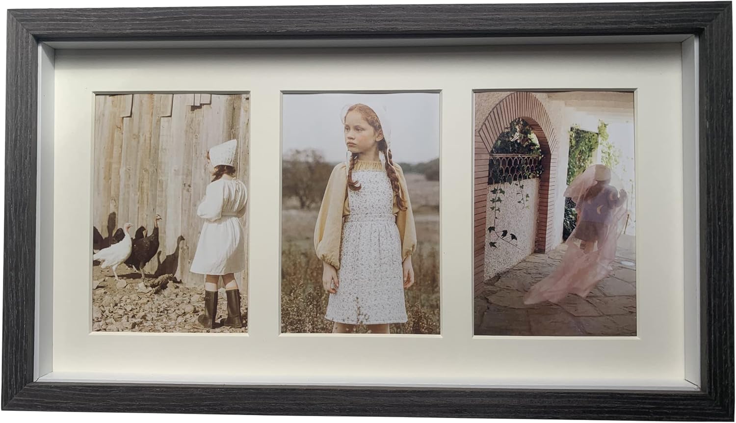 Marco de collage de fotos de madera maciza negra de 16 x 9 pulgadas, tapete blanco para tres fotos de 4 x 6 pulgadas, decoración horizontal para