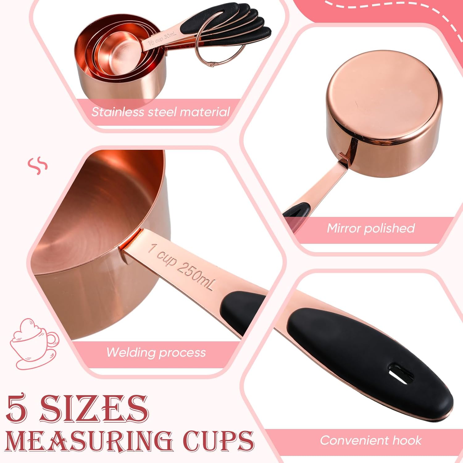 Juego de 8 recipientes de cobre de 30.43 onzas, 47.34 onzas, 60.87 onzas para cocina, juego de tazas y cucharas medidoras de acero inoxidable con