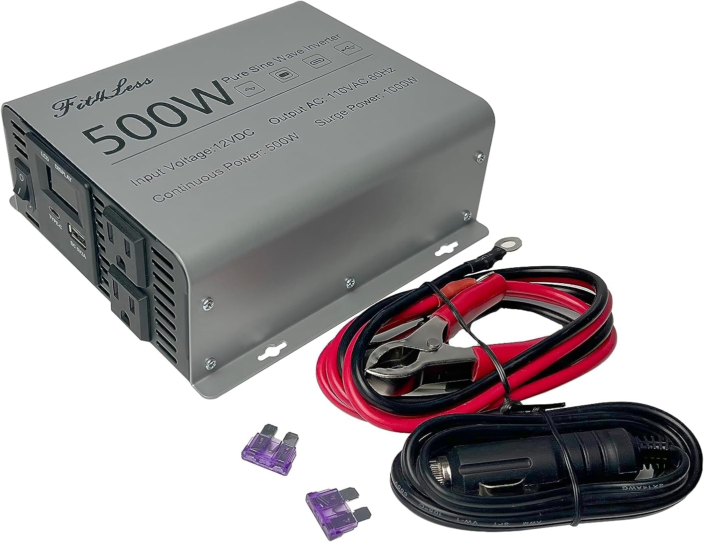 Inversor de onda sinusoidal pura, entrada de CC de 12 V y salida de CA de 110 V con pantalla LCD, puerto de salida USB, puerto de salida tipo C (500