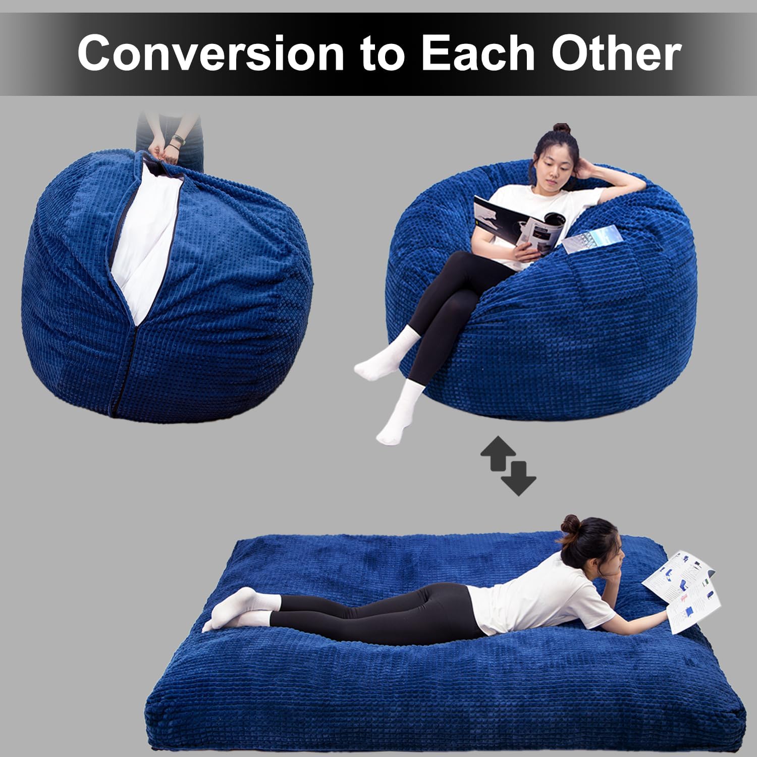 N&V Puf transformable gigante con terciopelo de felpa lavable (azul, matrimonial)