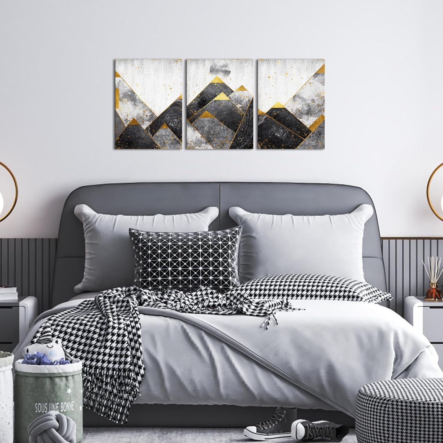 Biuteawal Lienzo abstracto para pared, pintura de paisaje de montaña de oro negro, pintura para dormitorio, decoración de sol, arte de pared