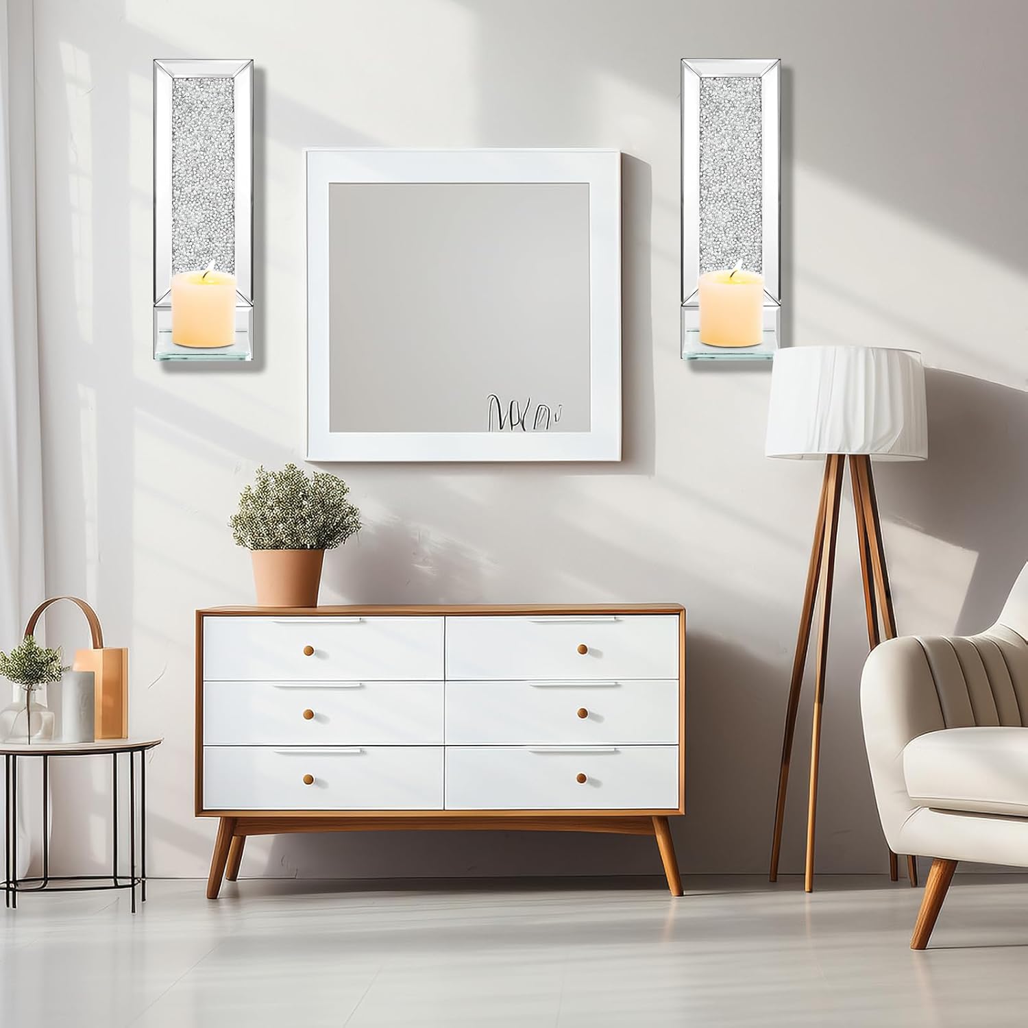 Juego de 2 apliques de decoración de pared, decoración de pared para sala de estar, candelabros de cristal, espejo de diamante aplastante, apliques