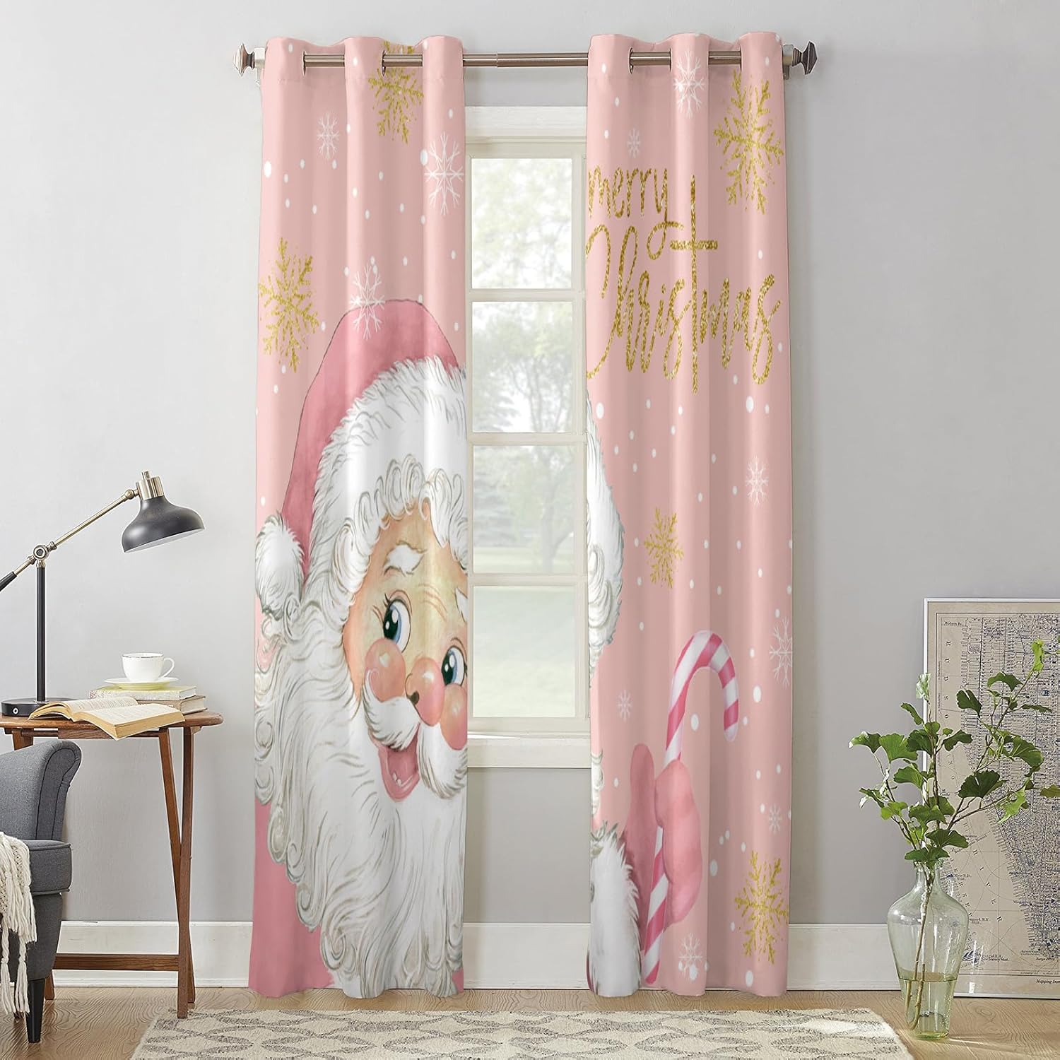 Libaoge Juego de 2 paneles de cortinas de Navidad rosas para sala de estar, bonitas cortinas de ventana de Papá Noel rosa, cortinas de copo de nieve