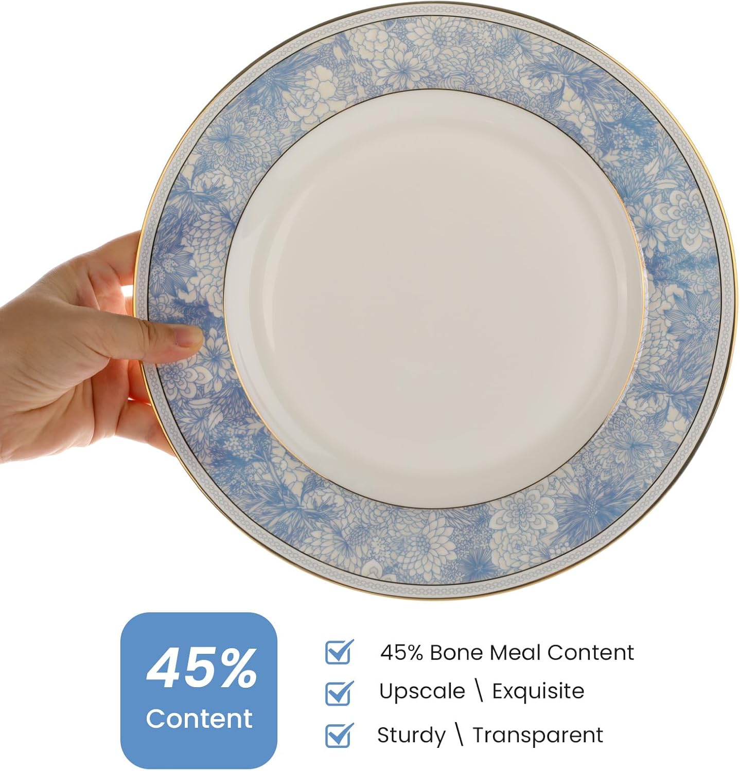 Juego de platos llanos de porcelana fina de hueso, juego de vajilla de 10.5 pulgadas, patrón azul y blanco con cocción hecha a mano, con borde