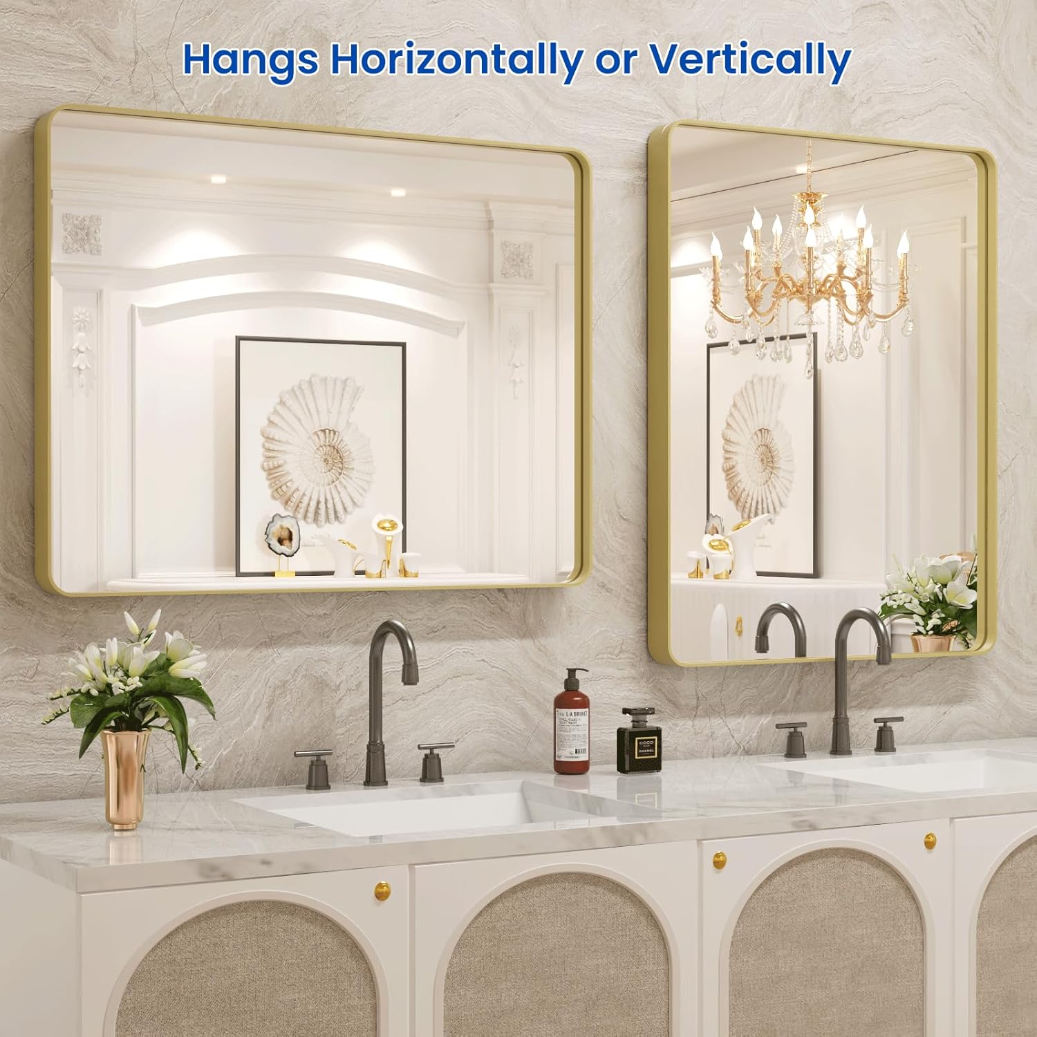 WEER Espejo de baño dorado, 24 x 36 pulgadas, marco de metal dorado cepillado, espejo rectangular redondeado de baño dorado para pared, vidrio