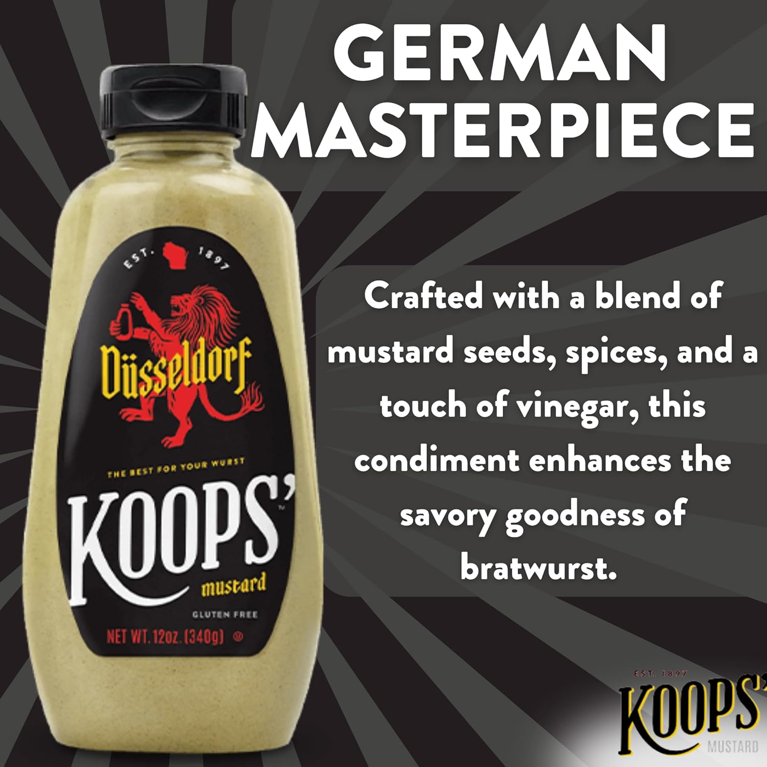 Koops’ Mostaza Dusseldorf – Mostaza Bratwurst de estilo alemán, sin gluten, kosher, fabricada en Estados Unidos, a partir de semillas de mostaza de