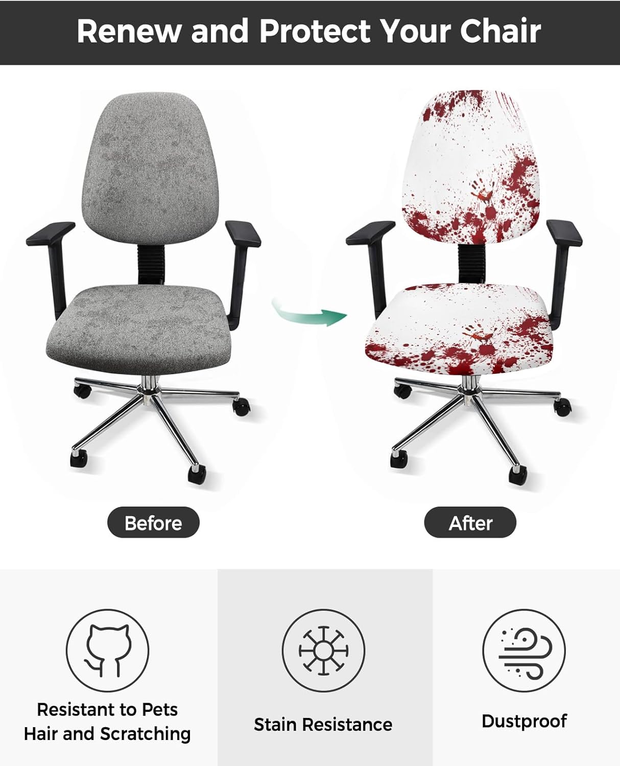 EwdeWwo Funda para silla de oficina, diseño de huellas dactilares de sangre aterradora de Halloween, funda protectora y elástica para silla de