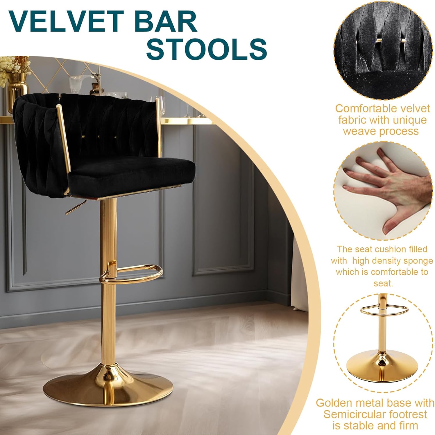 Polar Aurora Taburetes de bar con respaldo tejido de terciopelo giratorio de 360 de altura ajustable sillas de comedor tapizadas con patas de metal