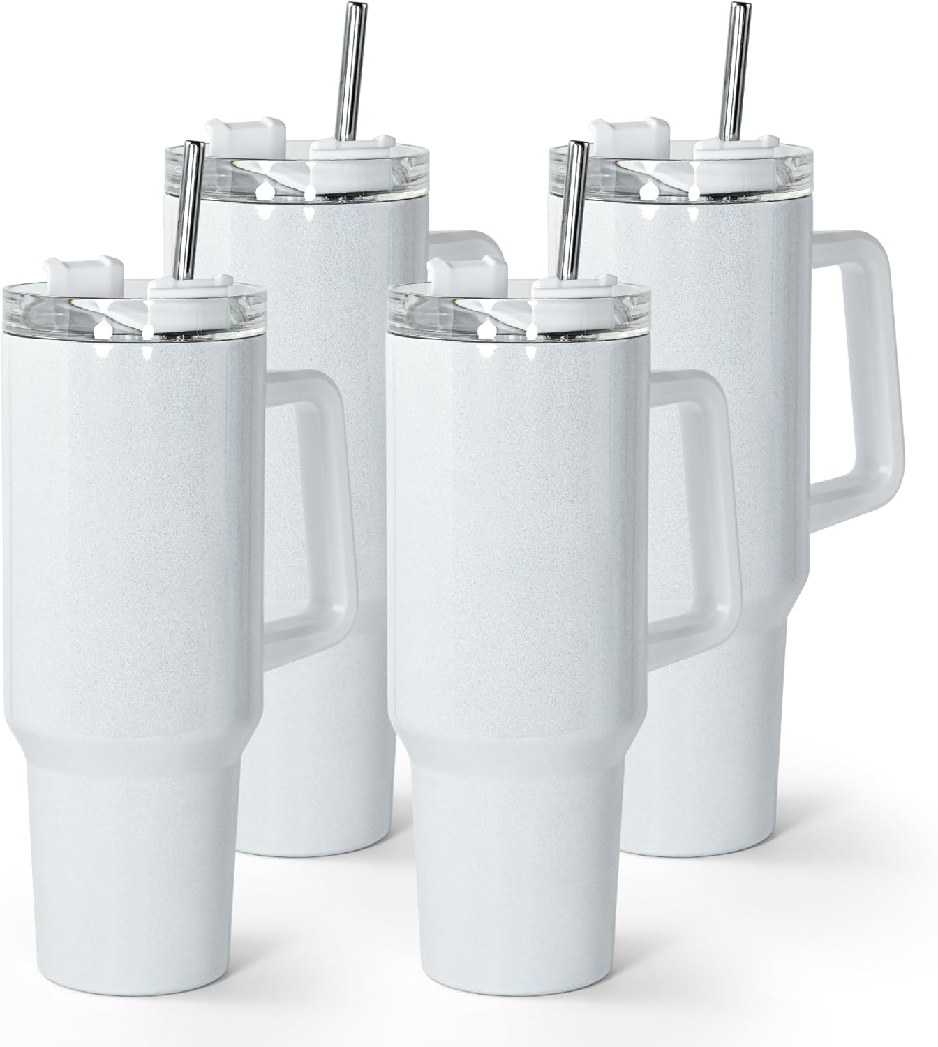 AGH Paquete de 4 vasos de 40 onzas de sublimación blanco brillante con popote y tapa de acero inoxidable, vasos aislados al vacío de doble pared
