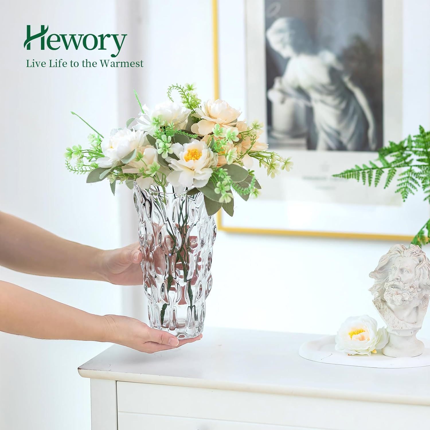 Hewory – Florero grande de cristal para flores, florero de ramo de flores de cristal transparente adornado de 9.5 pulgadas de alto para centros de