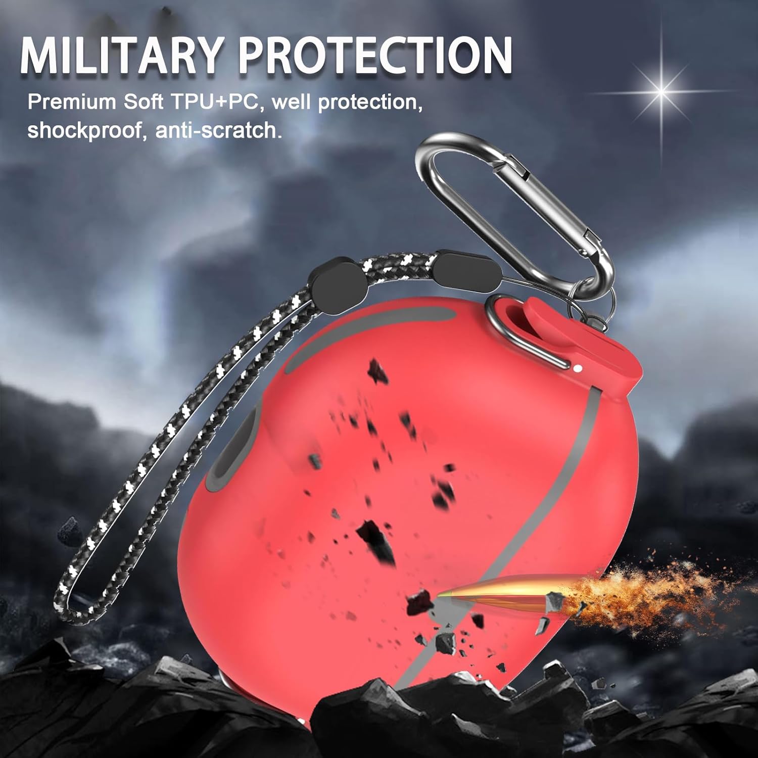 Miimall Compatible con Beats Studio Buds + funda, bloqueo seguro, llavero antipérdida, LED frontal visible, funda protectora militar de poliuretano