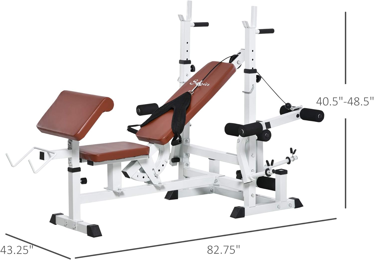 Soozier Soporte de pesas de cuerpo completo para múltiples ejercicios con prensa de banco, extensión de piernas, banda de resistencia a moscas en el