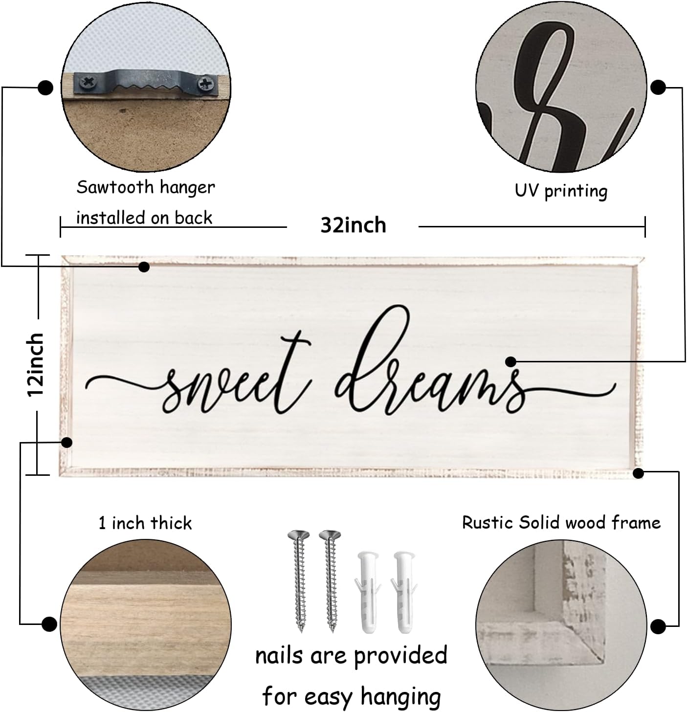 Decoración de pared de Sweet Dreams sobre la cama, 32 x 12 pulgadas, letrero grande de dulces sueños, decoración de pared de granja para habitación