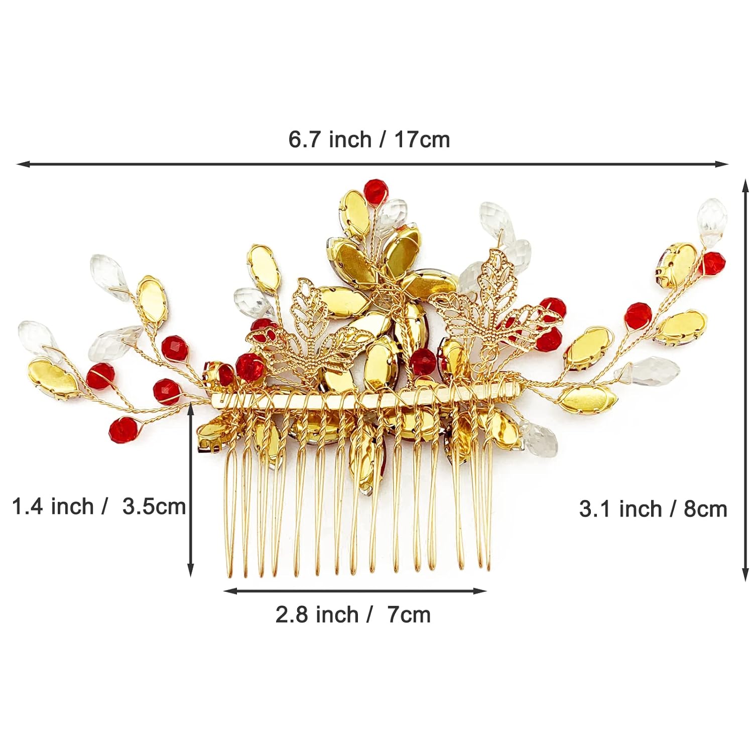 BETITETO Pieza de pelo de novia de cristal rojo con peine de flores de vid dorada, accesorios para el cabello para bodas, mujeres y niñas (dorado,