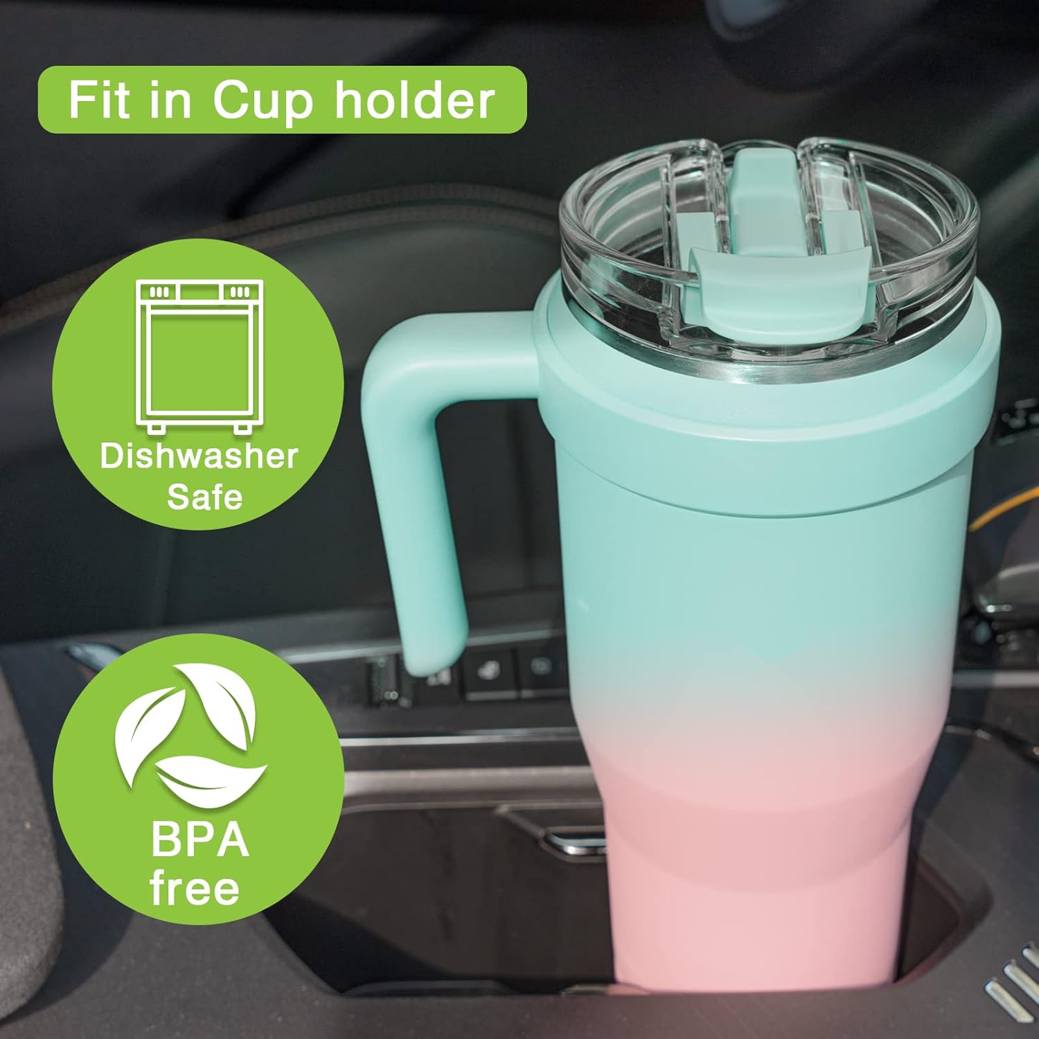 Vaso de 50 onzas con asa, vaso grande de acero inoxidable aislado a prueba de fugas con popote abatible 2 en 1 y tapa para sorber mantiene las