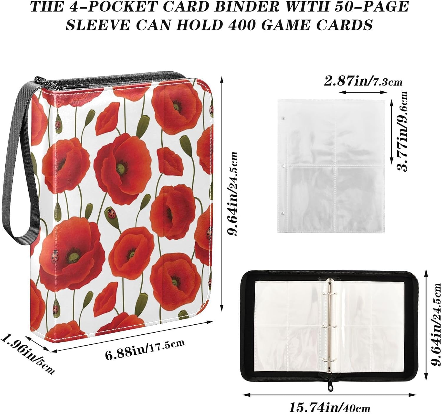 Carpeta para tarjetas coleccionables de flores de amapola roja, 4 bolsillos con 50 fundas extraíbles, carpeta de álbumes de tarjetas de 3 anillas,