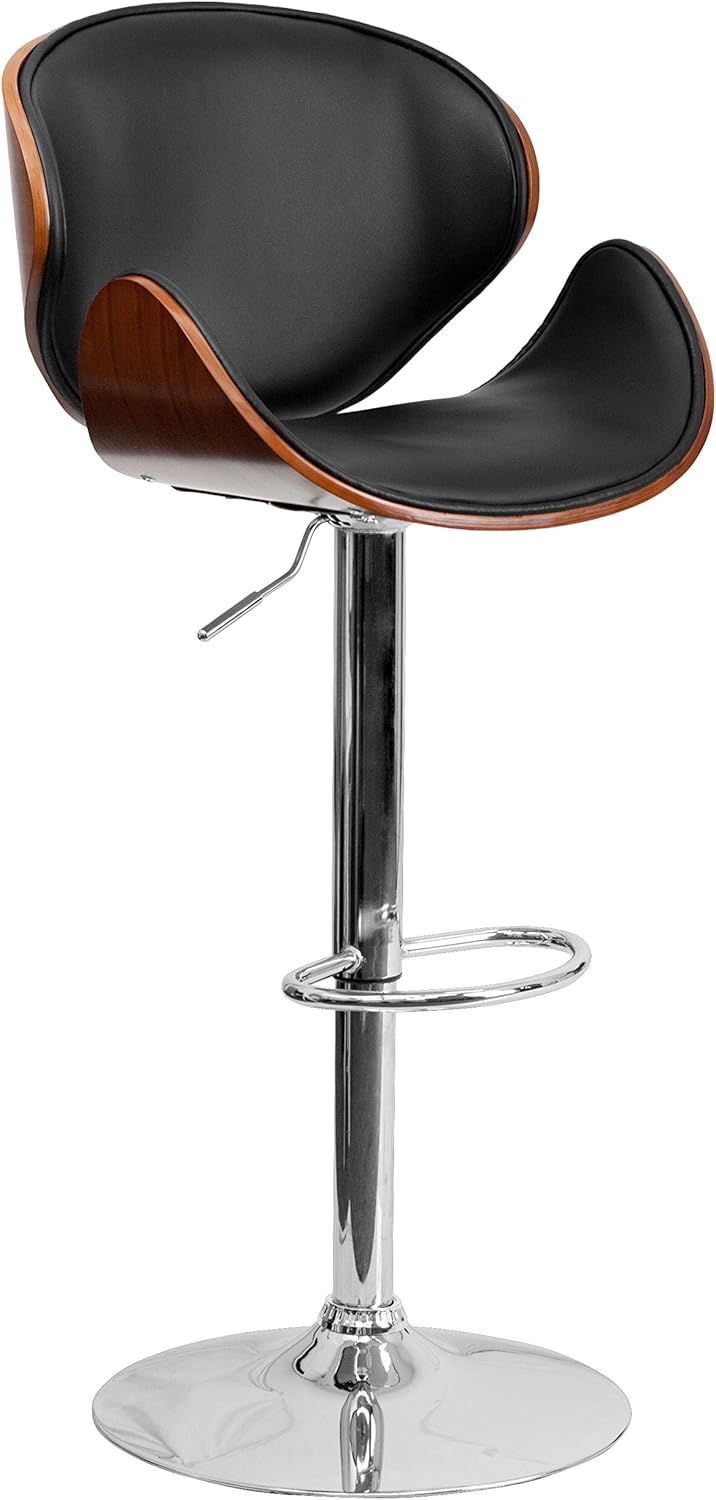 Taburete de bar Flash Furniture de madera de haya con altura ajustable y asiento y respaldo de vinilo negro curvado, Metal Espuma Tela, Walnut