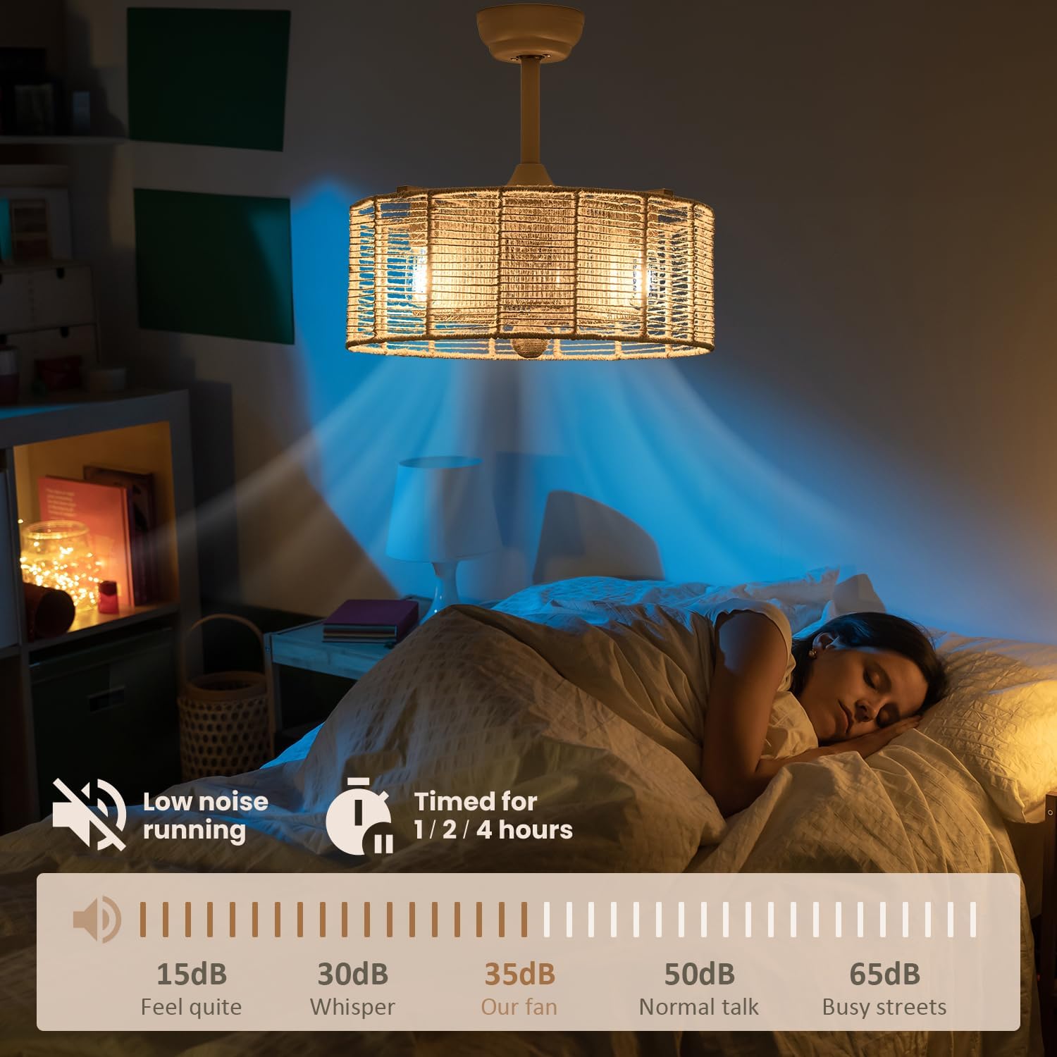 Ventilador de techo bohemio de 20 pulgadas con luces y control remoto, ventilador de techo enjaulado de ratán con luz, 6 velocidades cerradas para