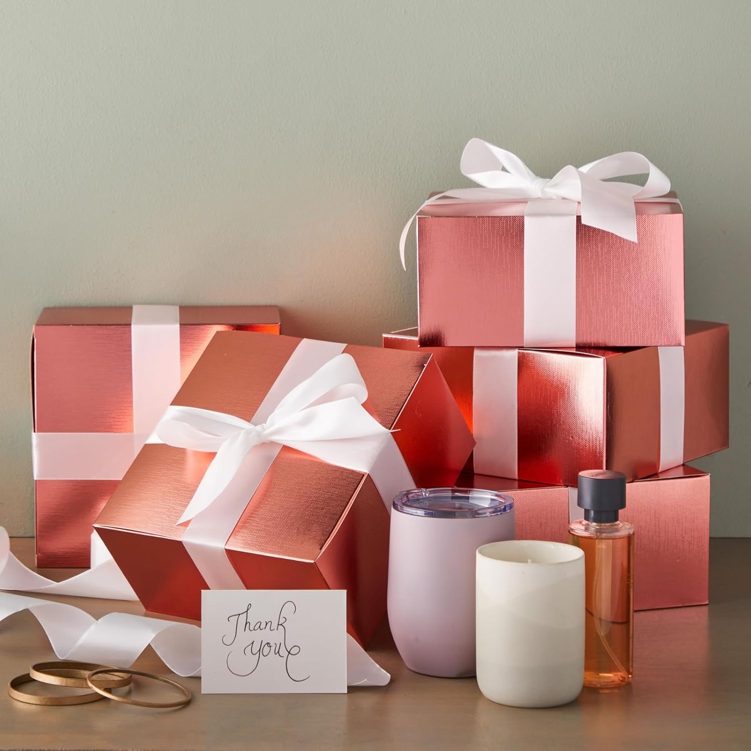 Stockroom Plus Paquete de 10 cajas de regalo de oro rosa con tapas, cinta y tarjetas de felicitación blancas en blanco para regalos, recuerdos (8 x