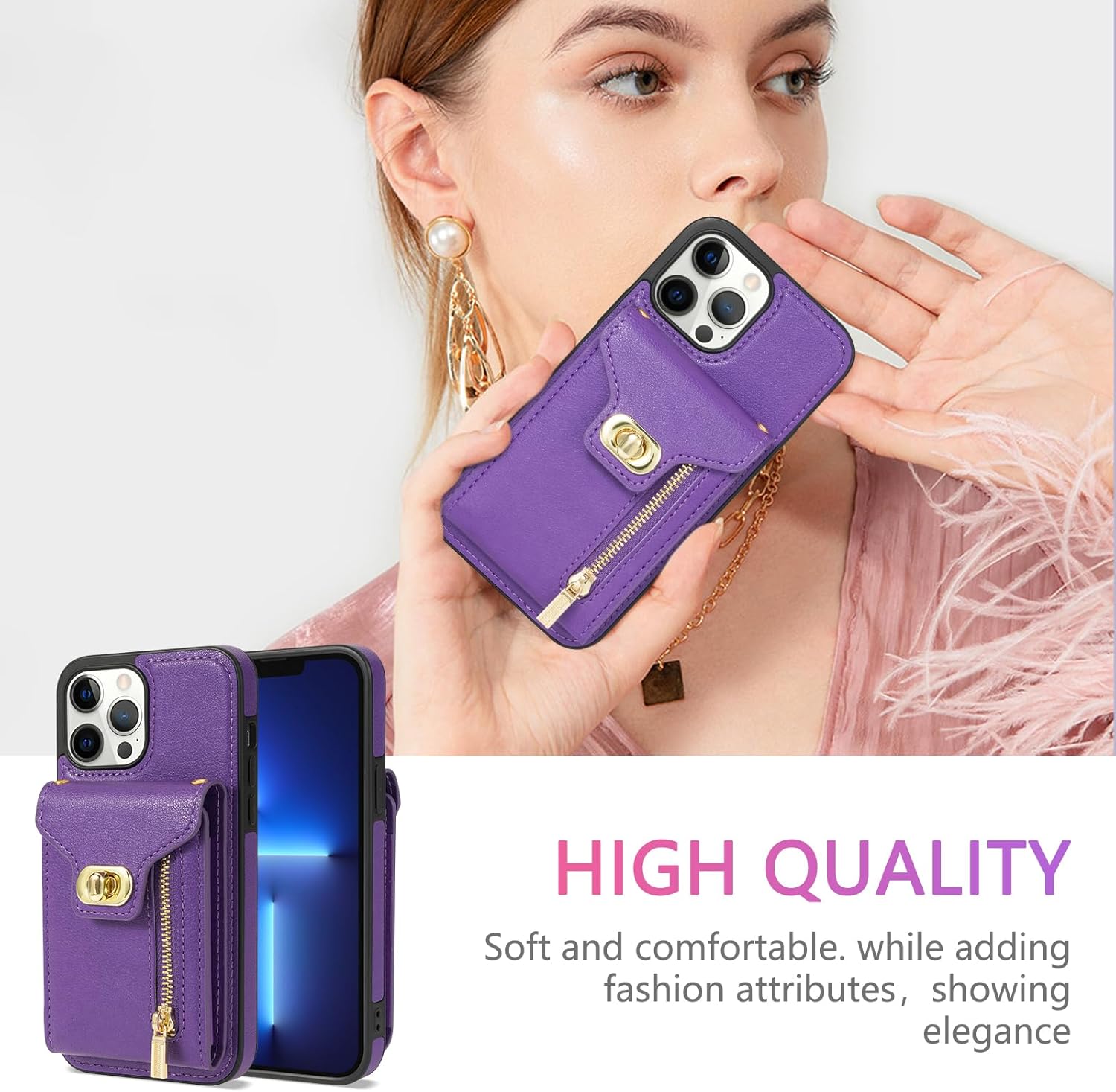 Funda de teléfono para iPhone 12 Pro Max 6.7 Funda tipo cartera con soporte para tarjeta de crédito, ranura con cremallera, correa cruzada, cordón
