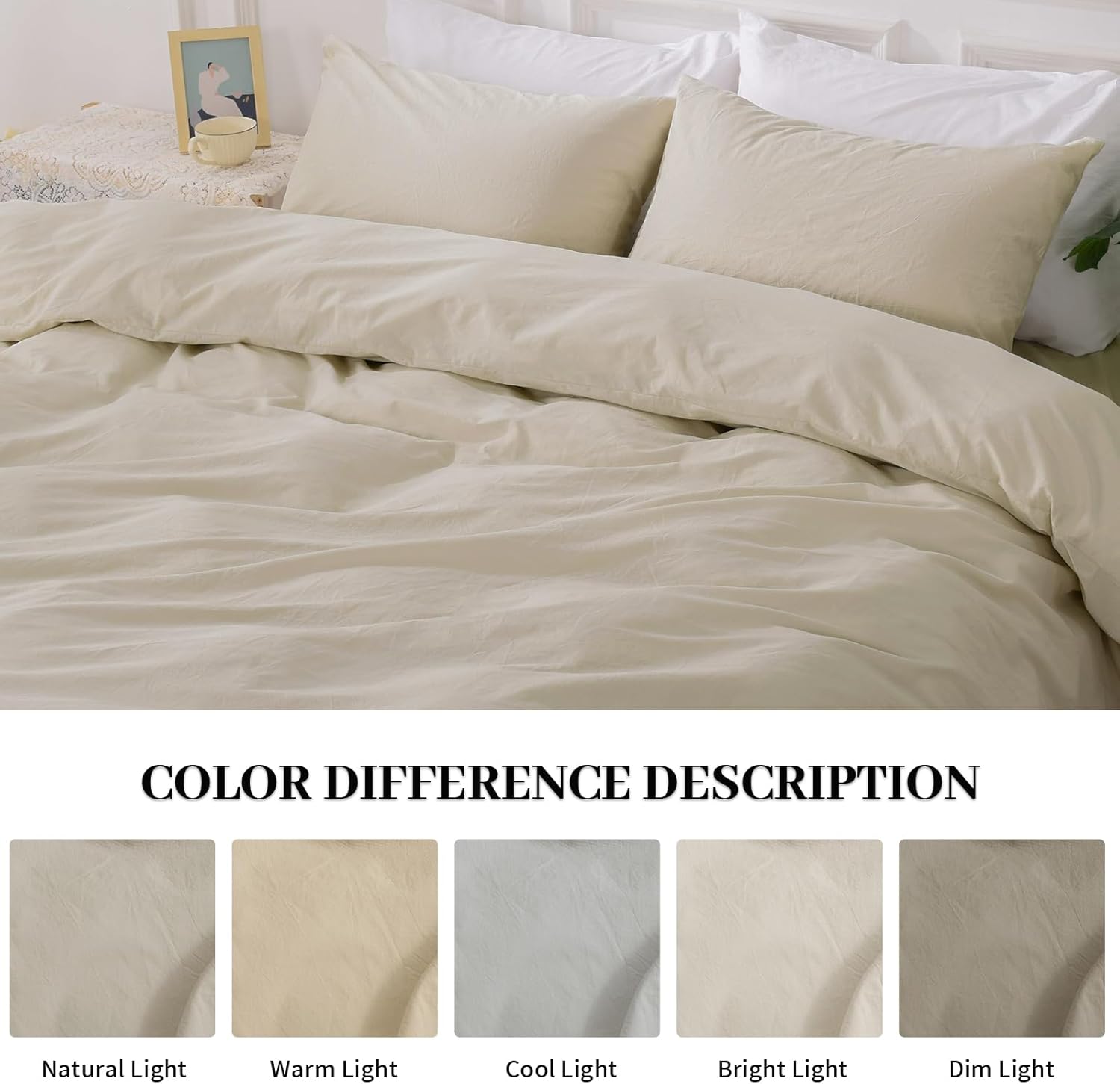 NEXHOME PRO Juego de funda de edredón 100% algodón lavado, tamaño matrimonial, textura de lino orgánico natural, juego de ropa de cama de 3 piezas