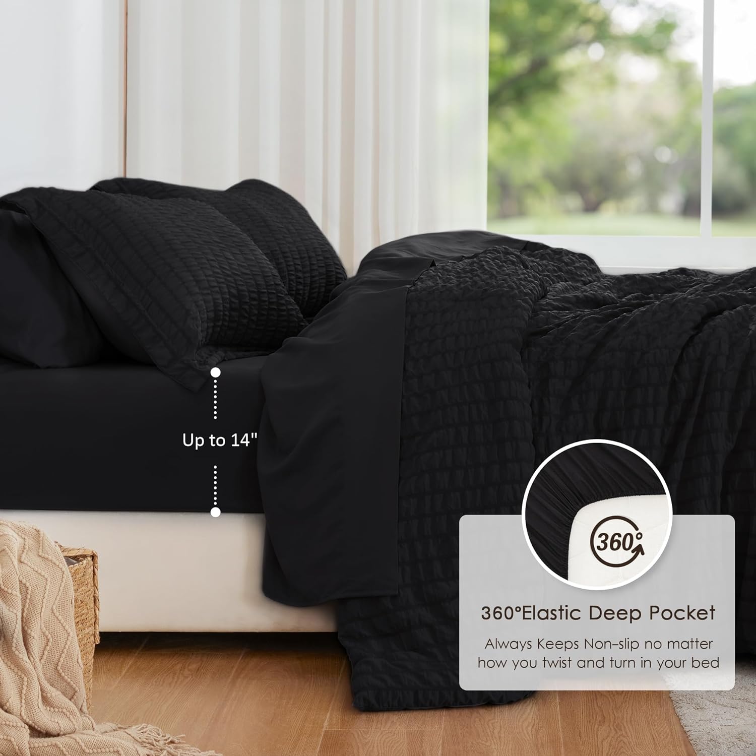 Love’s cabin Seersucker – Juego de edredón de 7 piezas, color negro, juego de ropa de cama ligero para todas las estaciones, juego de edredón de