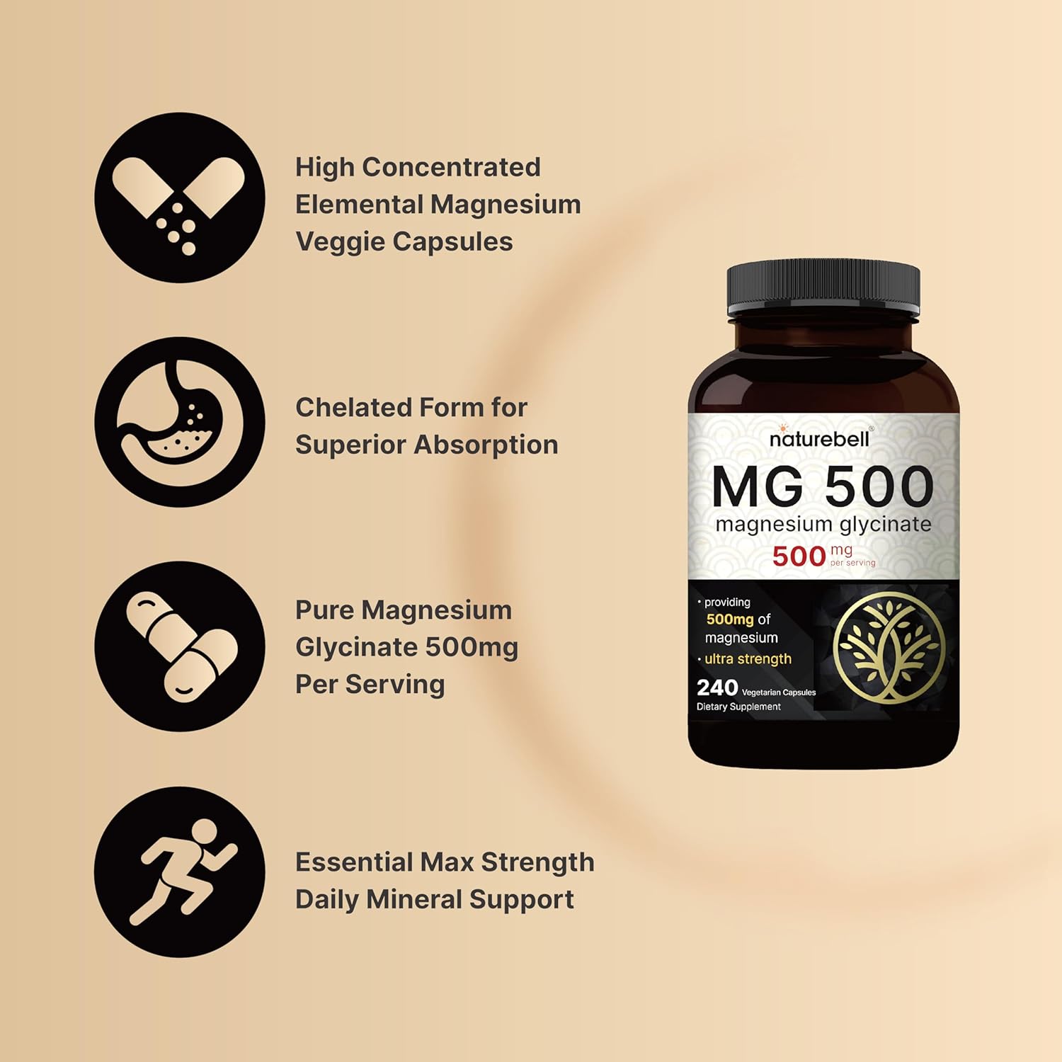 NatureBell Glicinato de magnesio 500 mg por porción  240 cápsulas vegetales, 100% quelado y purificado – Sin OMG y sin gluten