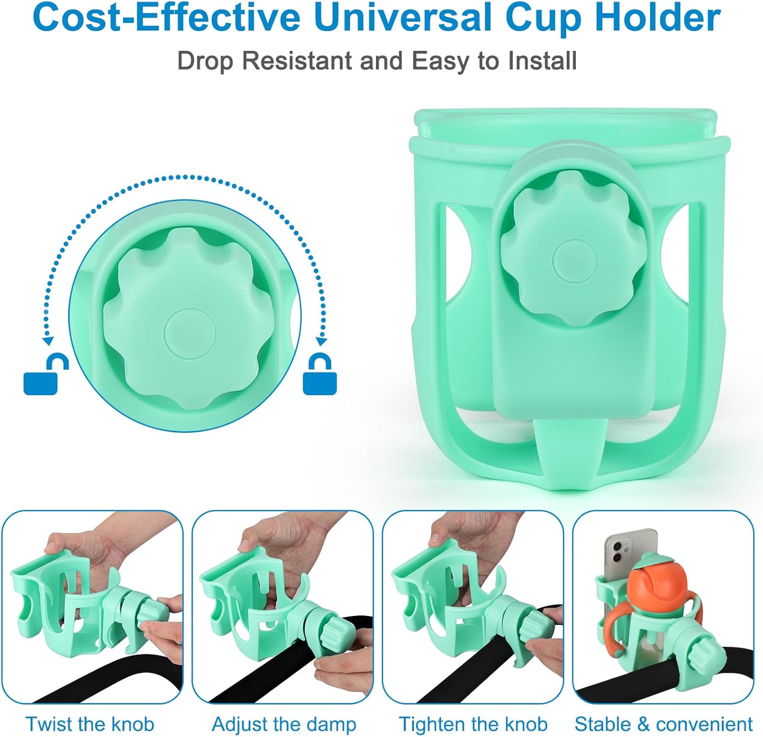 Accmor Portavasos 2 en 1 con soporte para teléfono, portavasos universal para silla de ruedas, accesorio para portavasos con ruedas, portavasos y