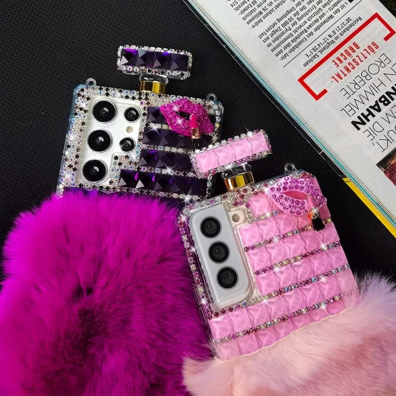 LUVI Compatible con Galaxy S22 Ultra – Funda para botella de perfume para mujeres y niñas, bonita felpa peluda 3D Bling Diamond Glitter Crystal