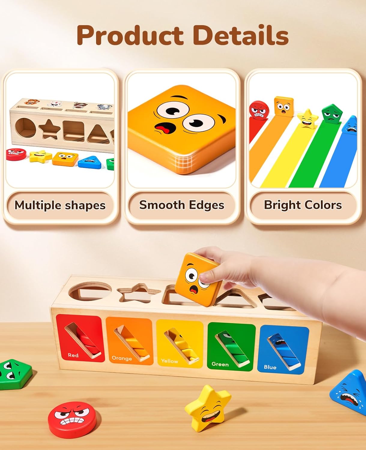 JoyCat Montessori – Juguetes de clasificación de madera, para niños de 2, 3 y 4 años, clasificador de colores de formas, caja a juego de