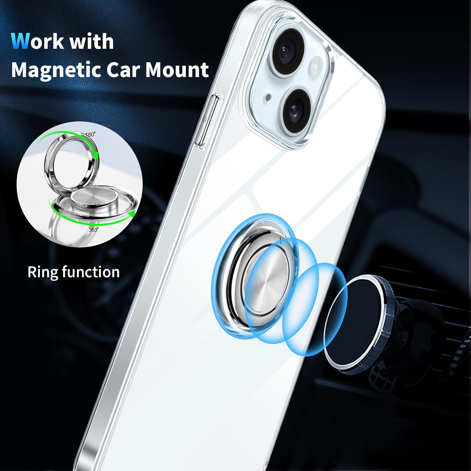 Funda transparente para iPhone 15 Plus con soporte de anillo de 360 con soporte de anillo de 360, transparente, delgada, ligera, antiamarillamiento,