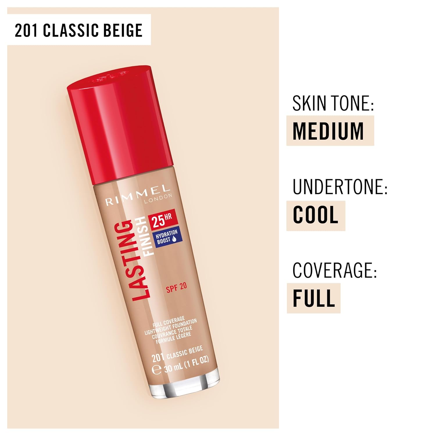 Rimmel London Lasting Finish 25HR  201 Classic Beige  Fundación, 25 horas de uso, cobertura completa, impermeable, 1 onza