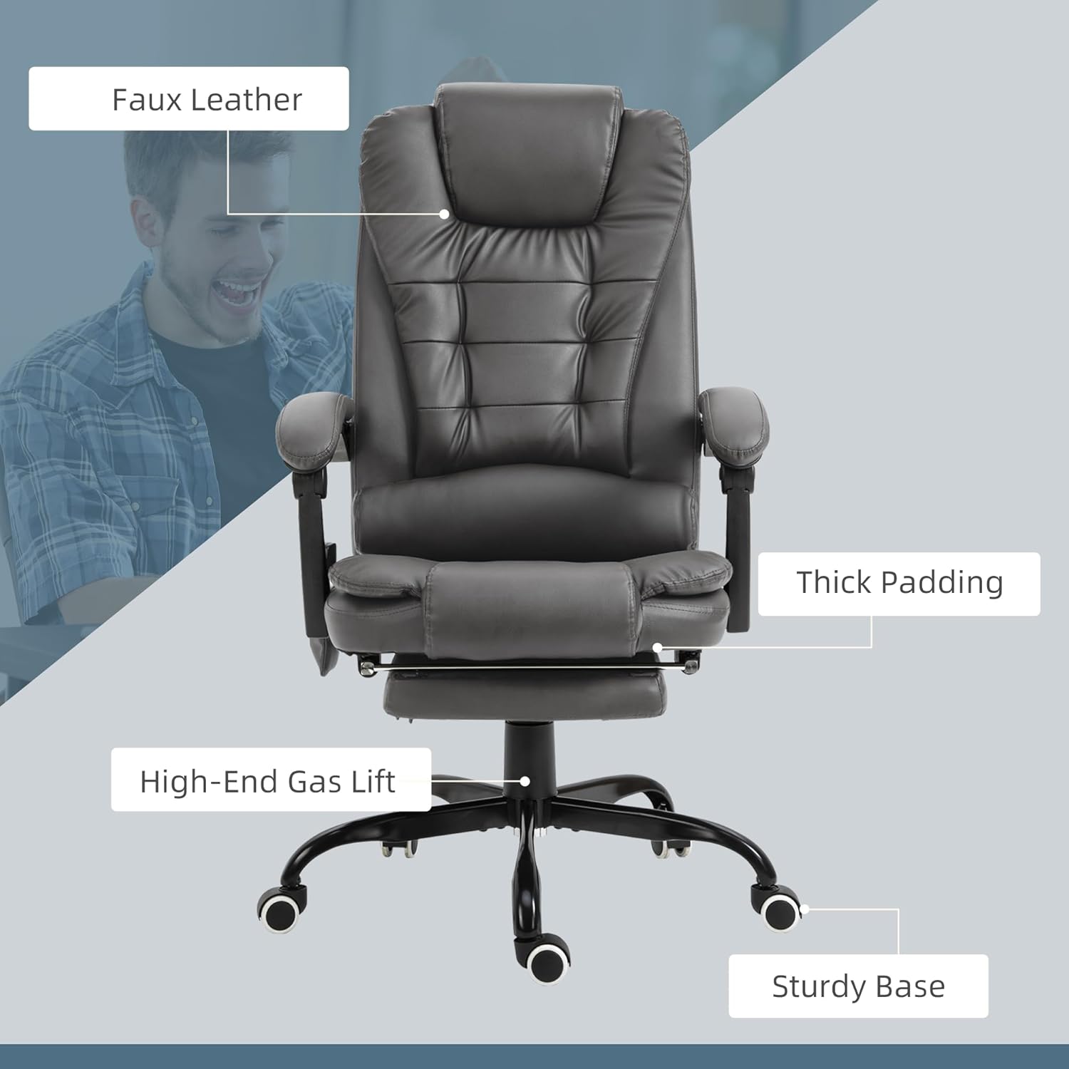 Vinsetto Silla de oficina de masaje vibratorio de 7 puntos, reclinable ejecutivo de respaldo alto con soporte lumbar, reposapiés, respaldo