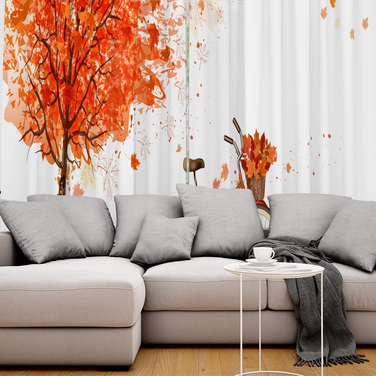 FortuneHouse Blackout Curtains Thermal Insulated Autumn red Maple Leaves and Bicycle Solid Pattern Metal Grommet Elegant Room Drapes Window Curtain