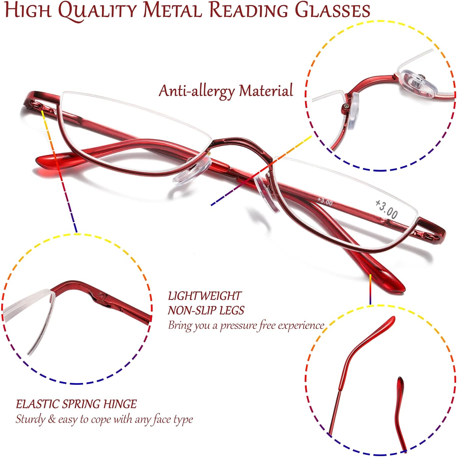 Gafas de lectura de medio marco para mujeres y hombres, lentes de media luna, lentes de metal para lectores de lente de media luna, paquete de 3